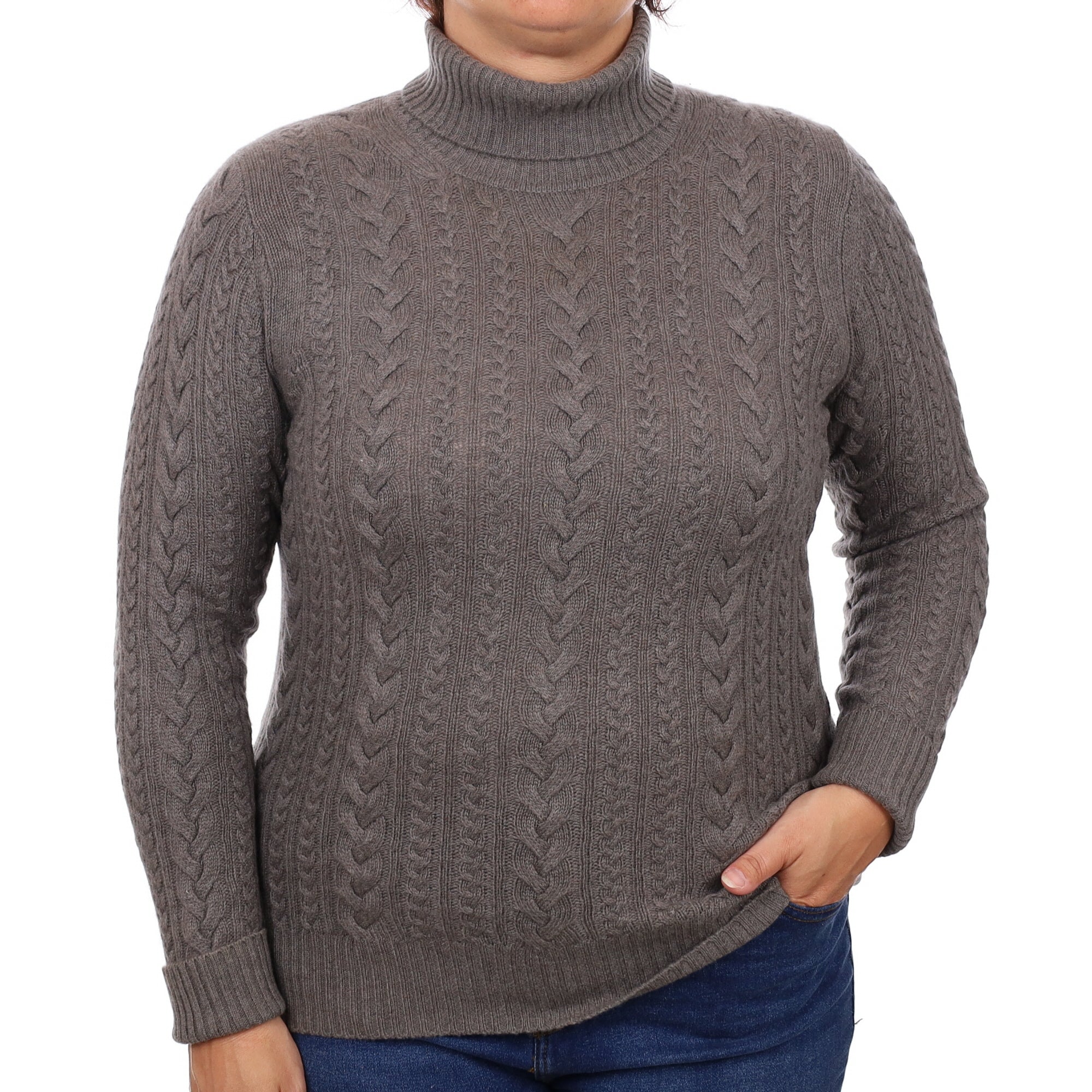 Mocha Cable Cashmere Polo Neck Jumper Large