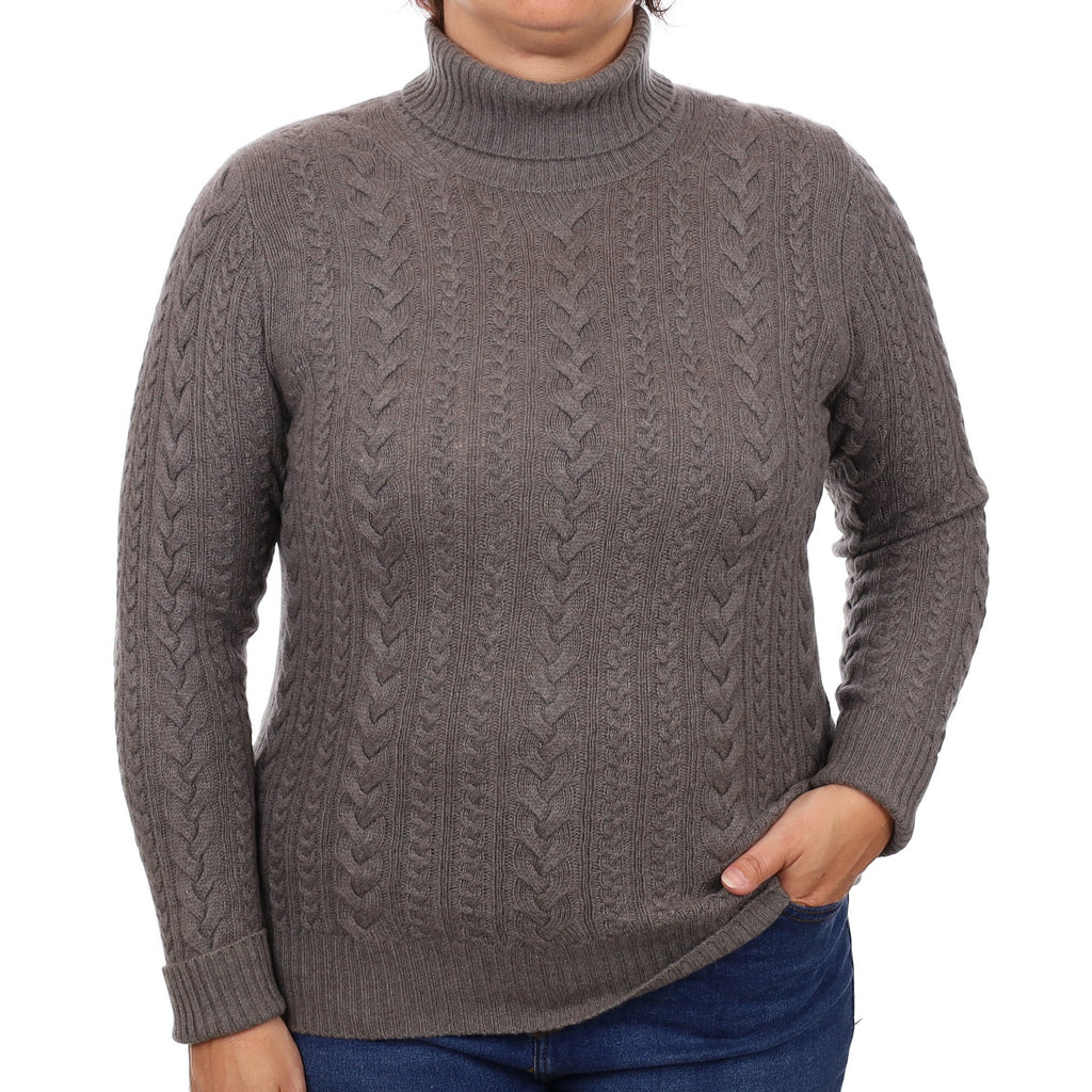 Mocha Cable Cashmere Polo Neck Jumper Large