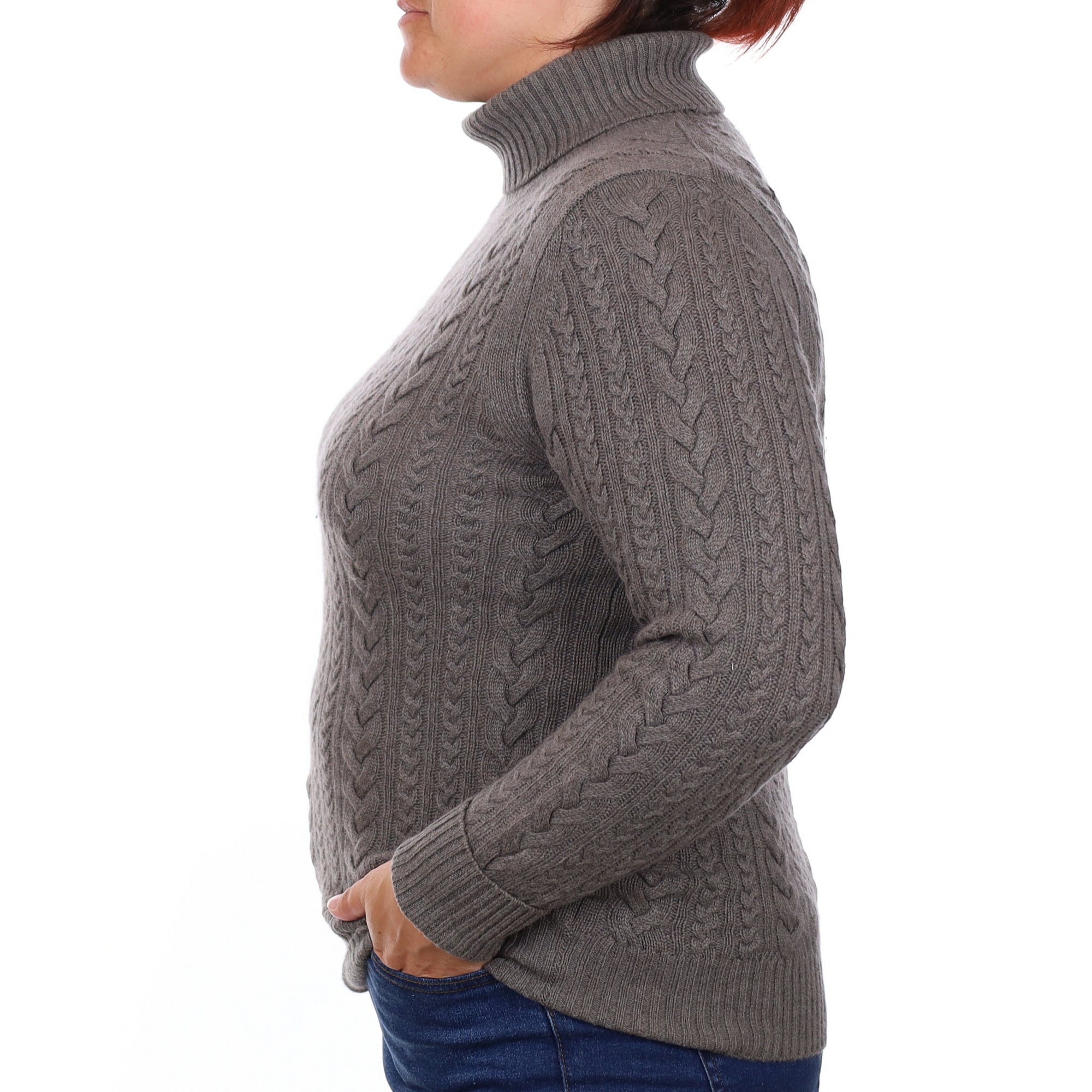 Mocha Cable Cashmere Polo Neck Jumper Large