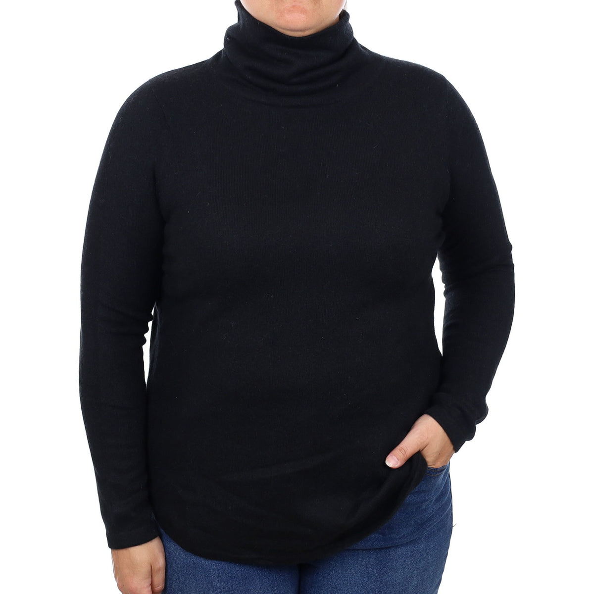 Black Scooped Hem Cashmere Polo Neck Jumper Large