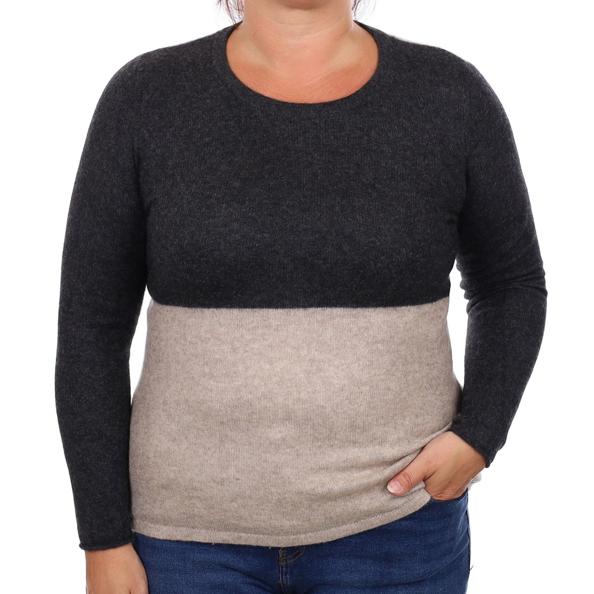 Granite and Fawn Cashmere Crew Neck Jumper Large