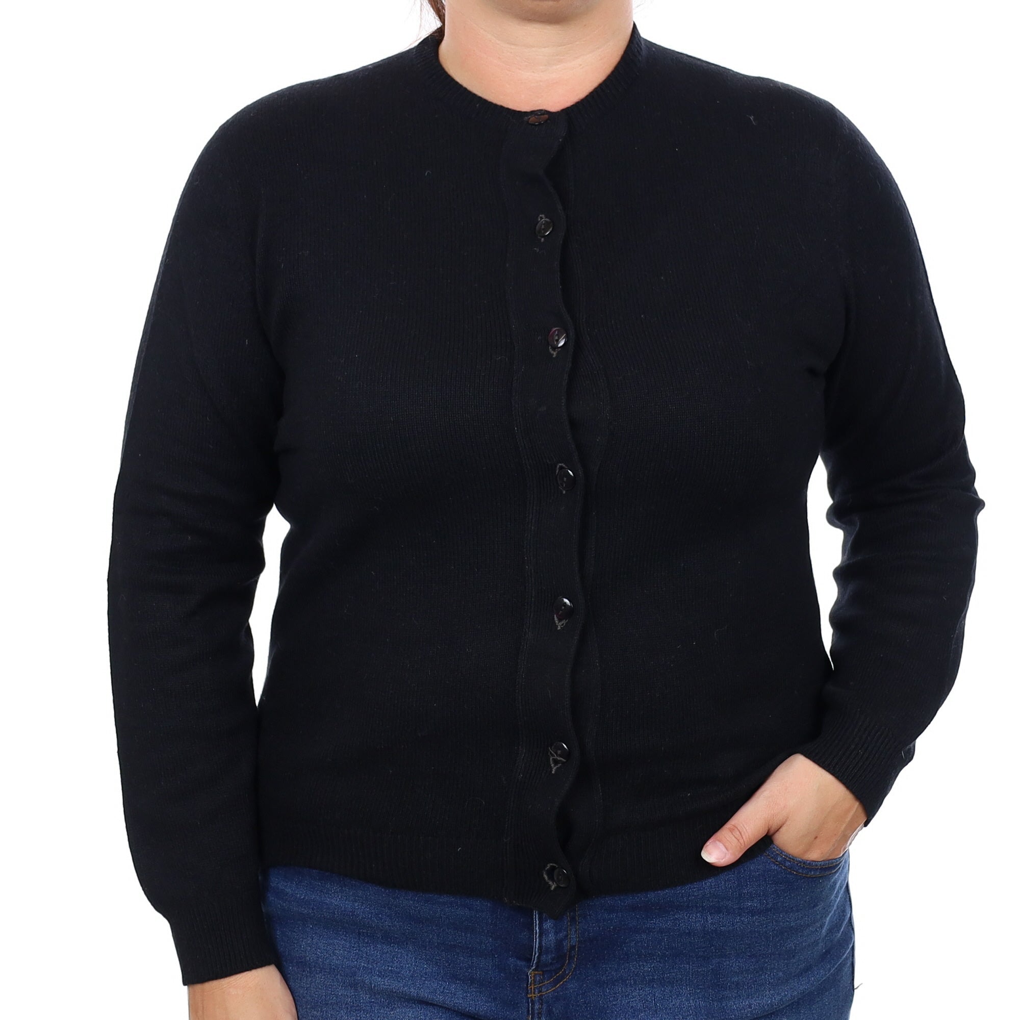 Scottish Black Cashmere Crew Neck Cardigan Large