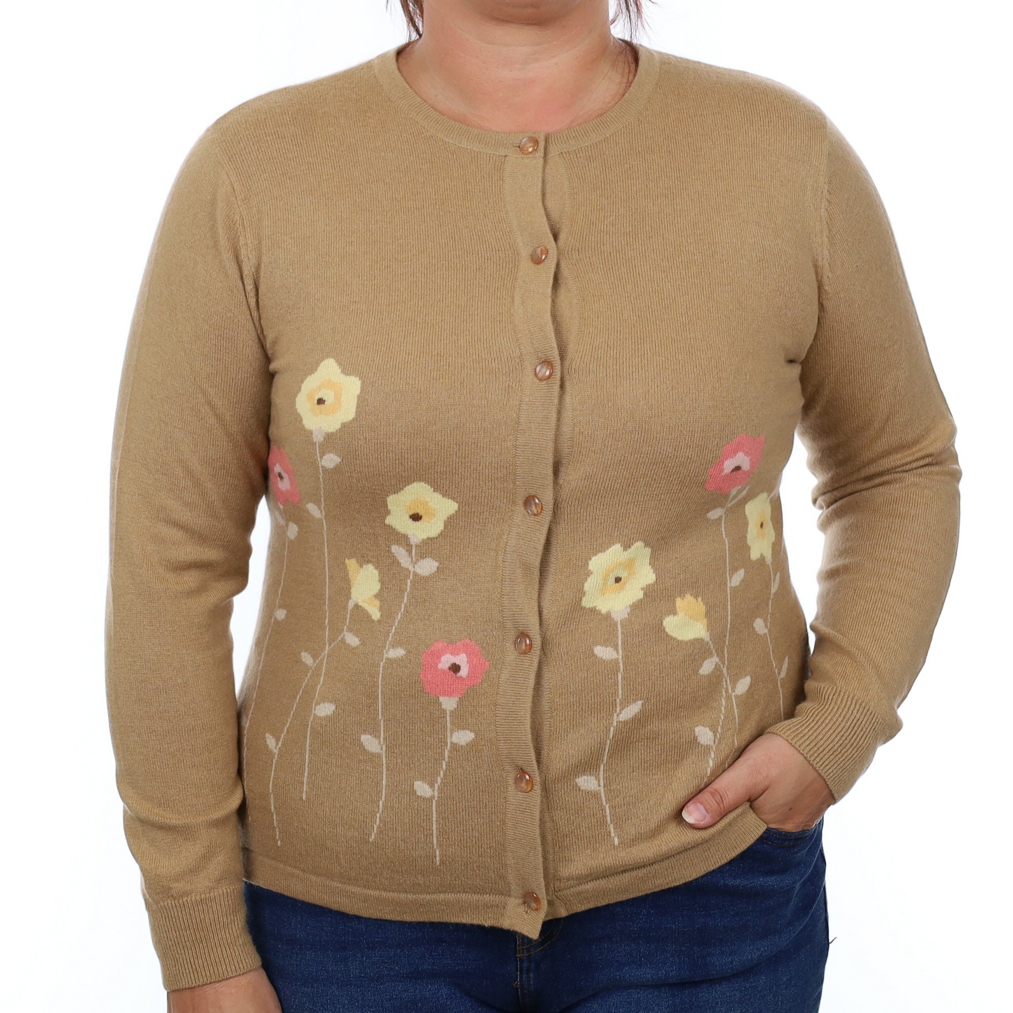 Camel Floral Cashmere Crew Neck Cardigan Large