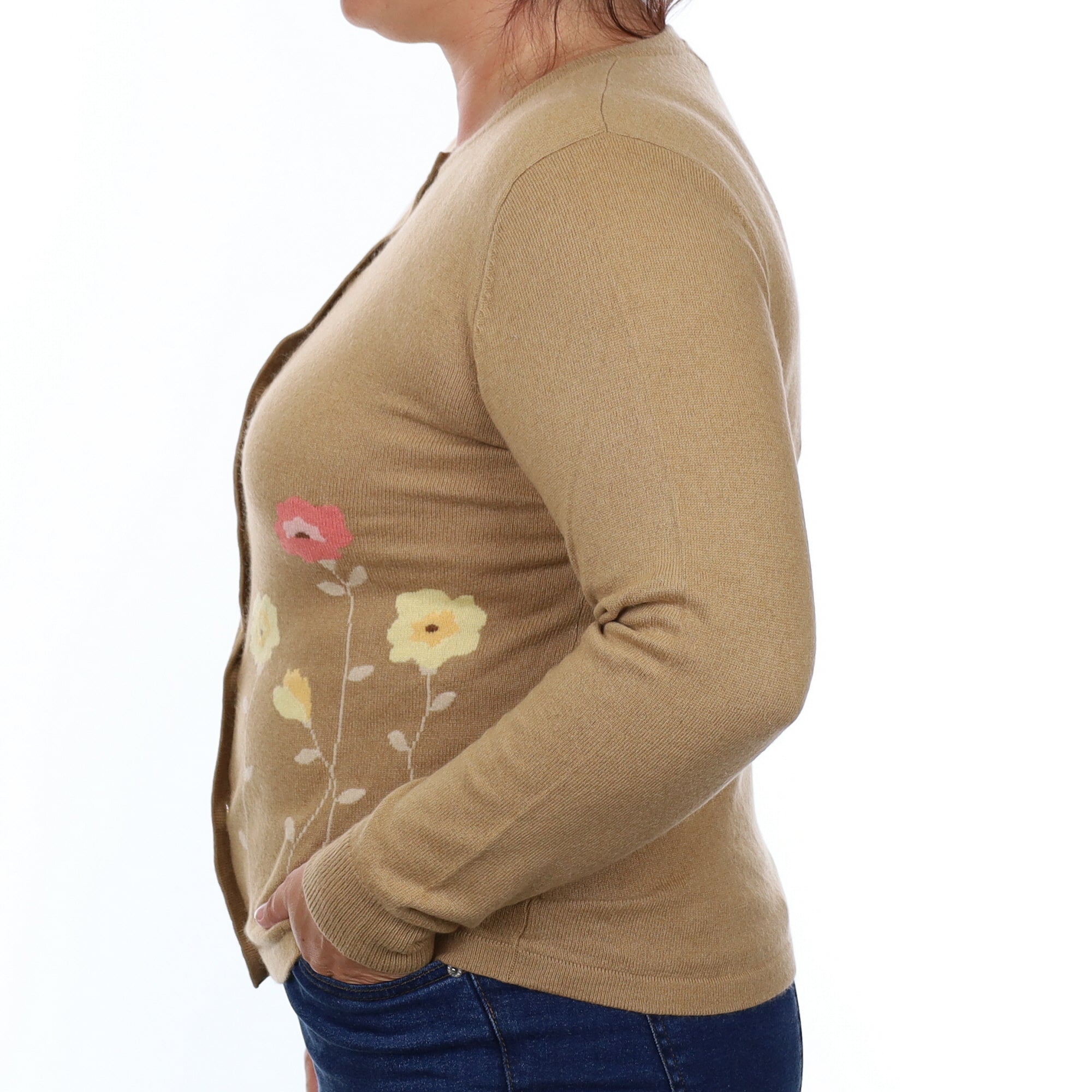 Camel Floral Cashmere Crew Neck Cardigan Large