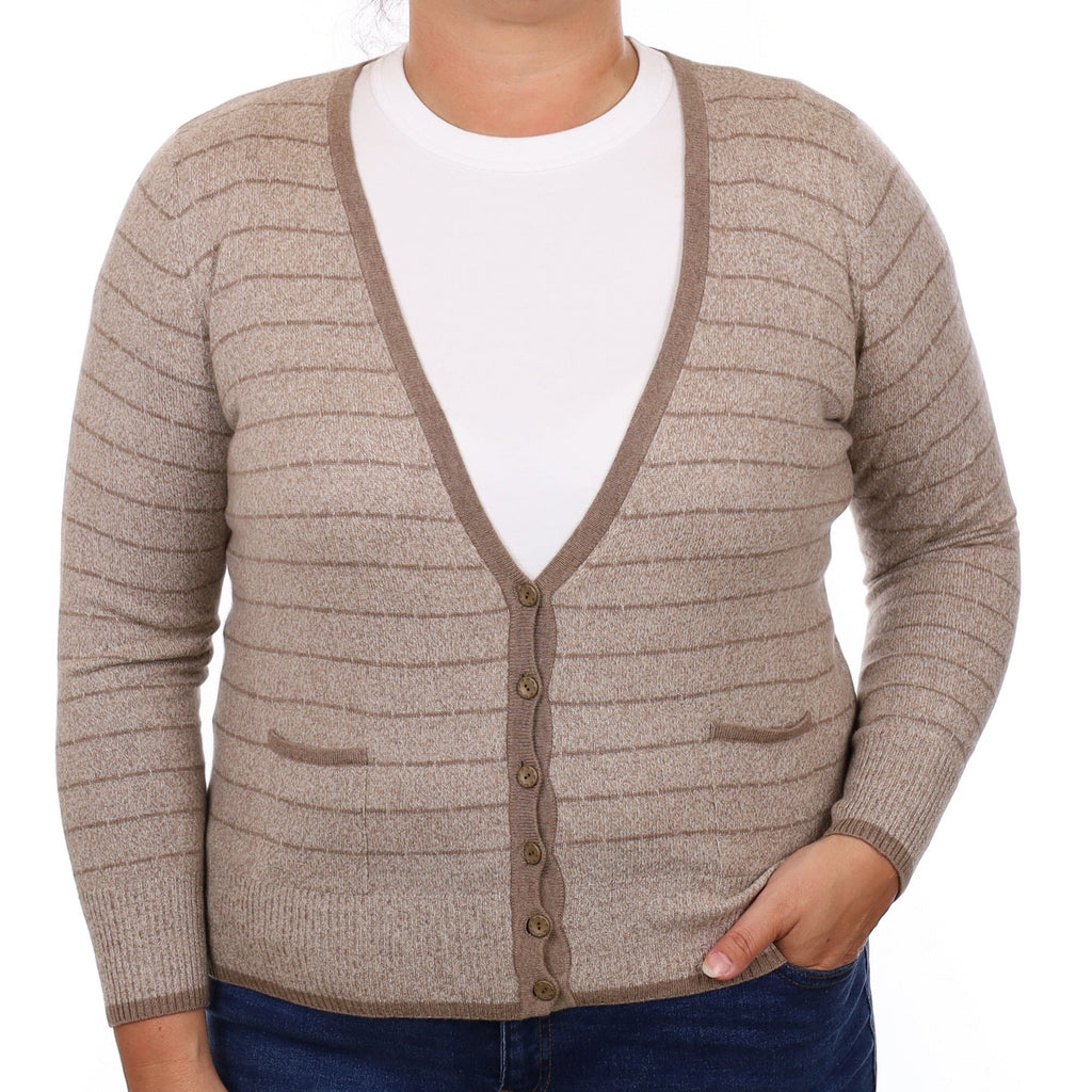 Mocha Marl Striped Cashmere V Neck Cardigan with Pockets Large