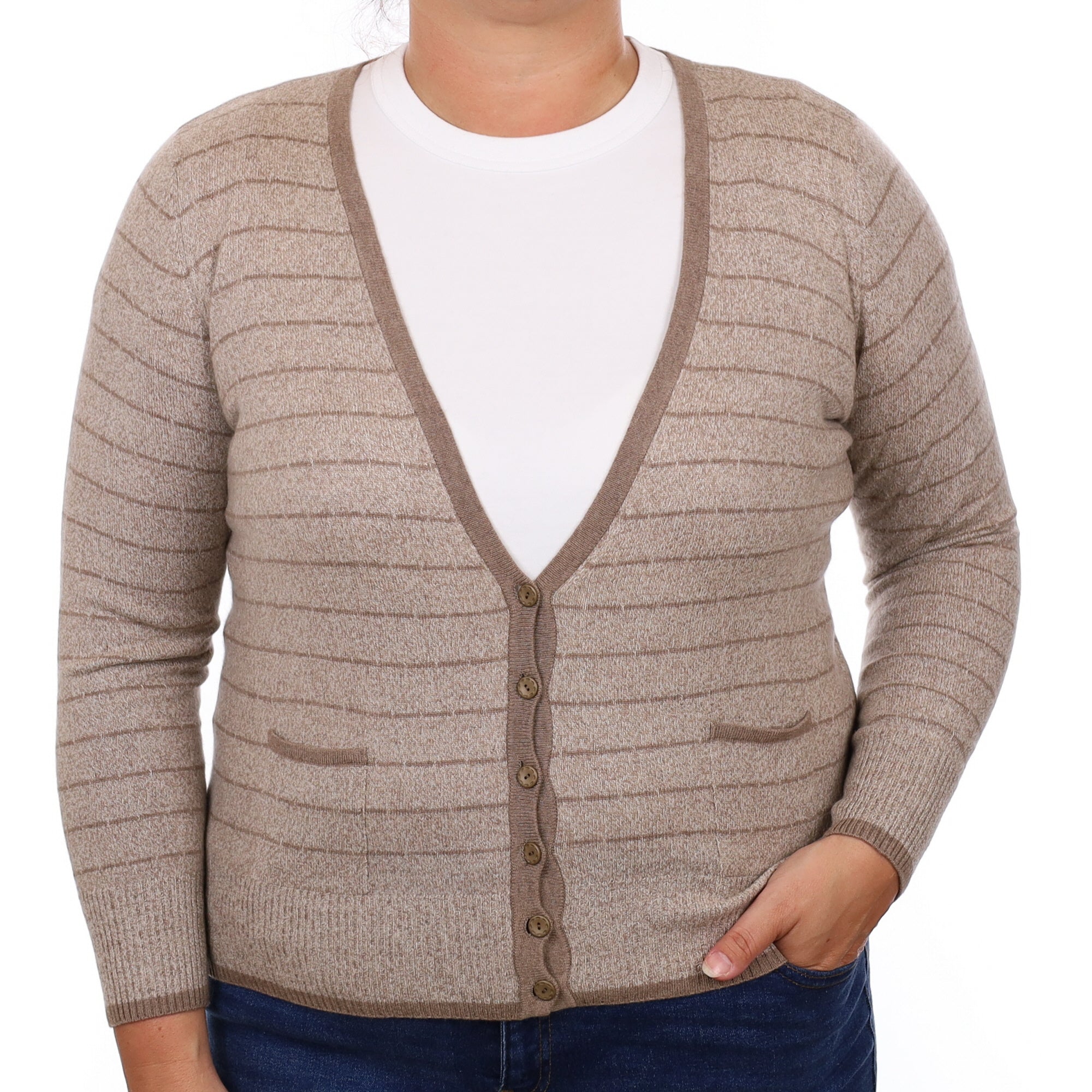 Mocha Marl Striped Cashmere V Neck Cardigan with Pockets Large