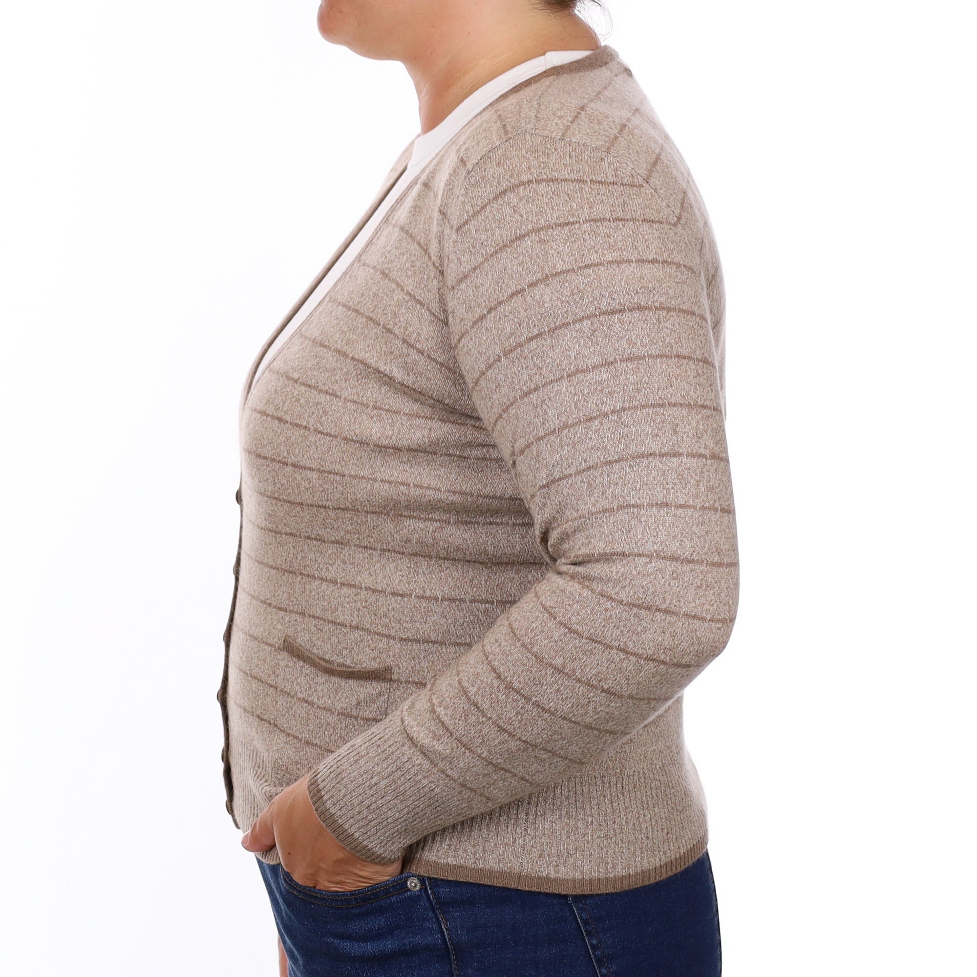 Mocha Marl Striped Cashmere V Neck Cardigan with Pockets Large