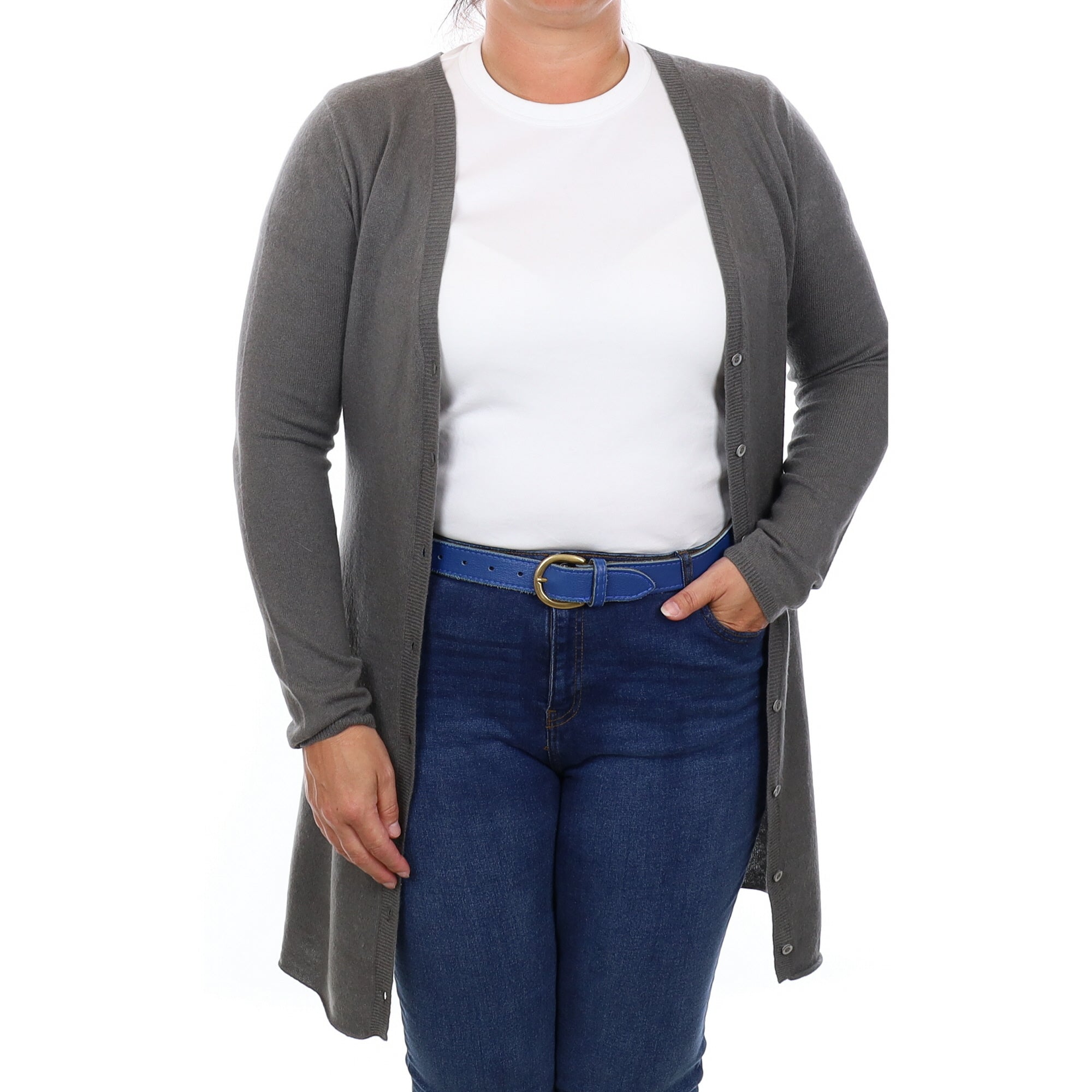 Fossil Grey Cashmere V Neck Longline Cardigan  Large