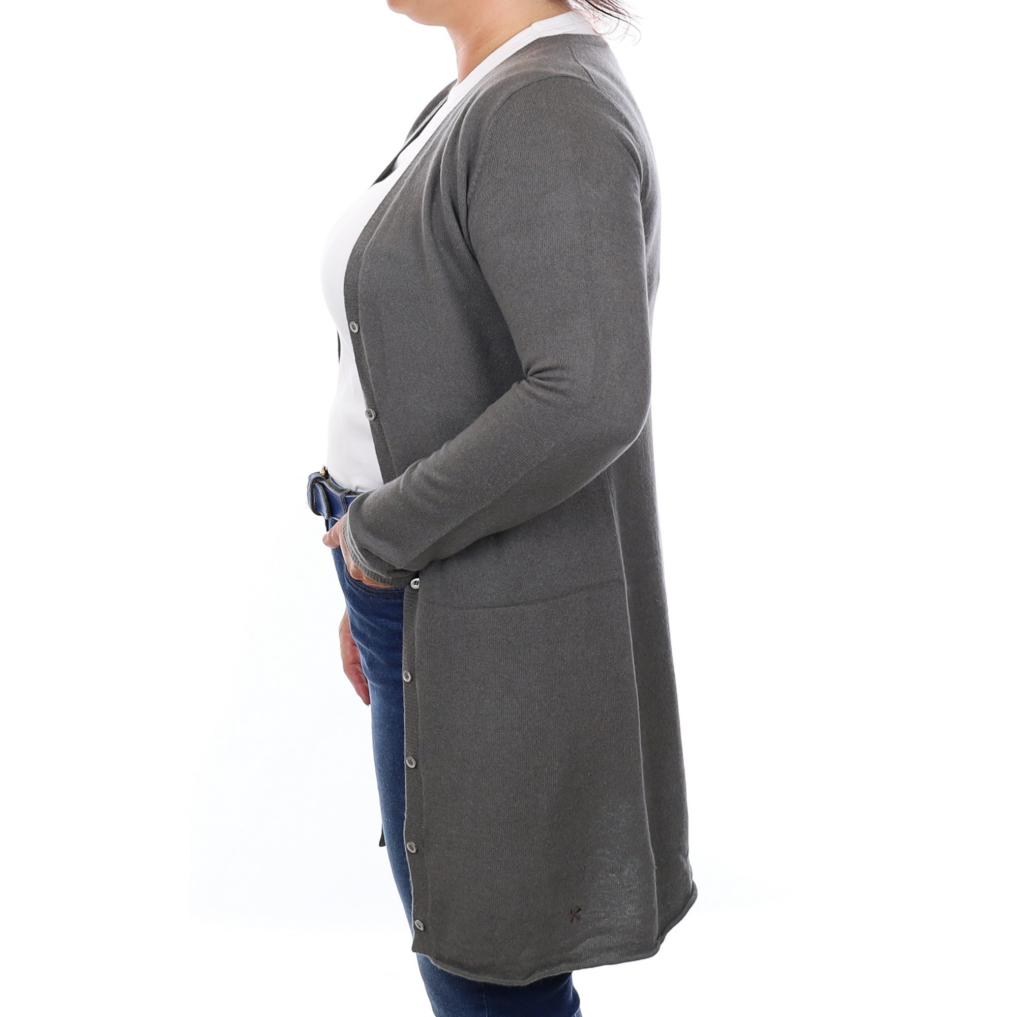 Fossil Grey Cashmere V Neck Longline Cardigan  Large