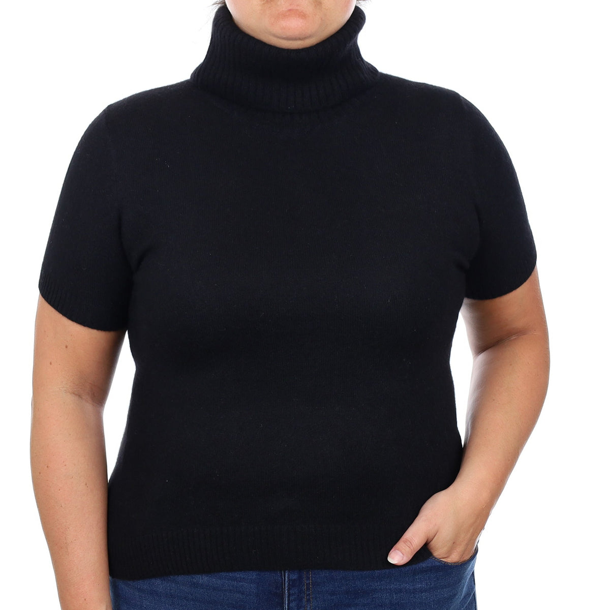 Black Cashmere Short Sleeved Polo Neck  Jumper Large