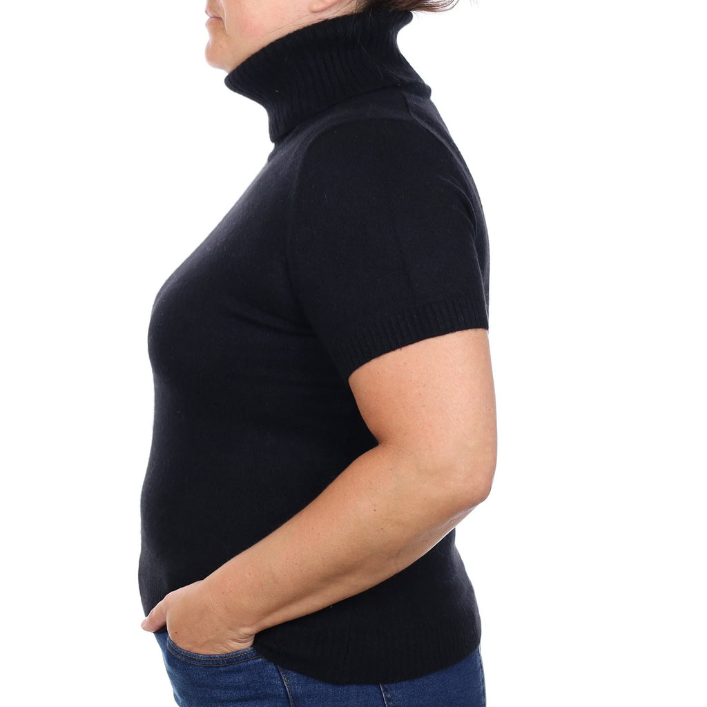 Black Cashmere Short Sleeved Polo Neck  Jumper Large