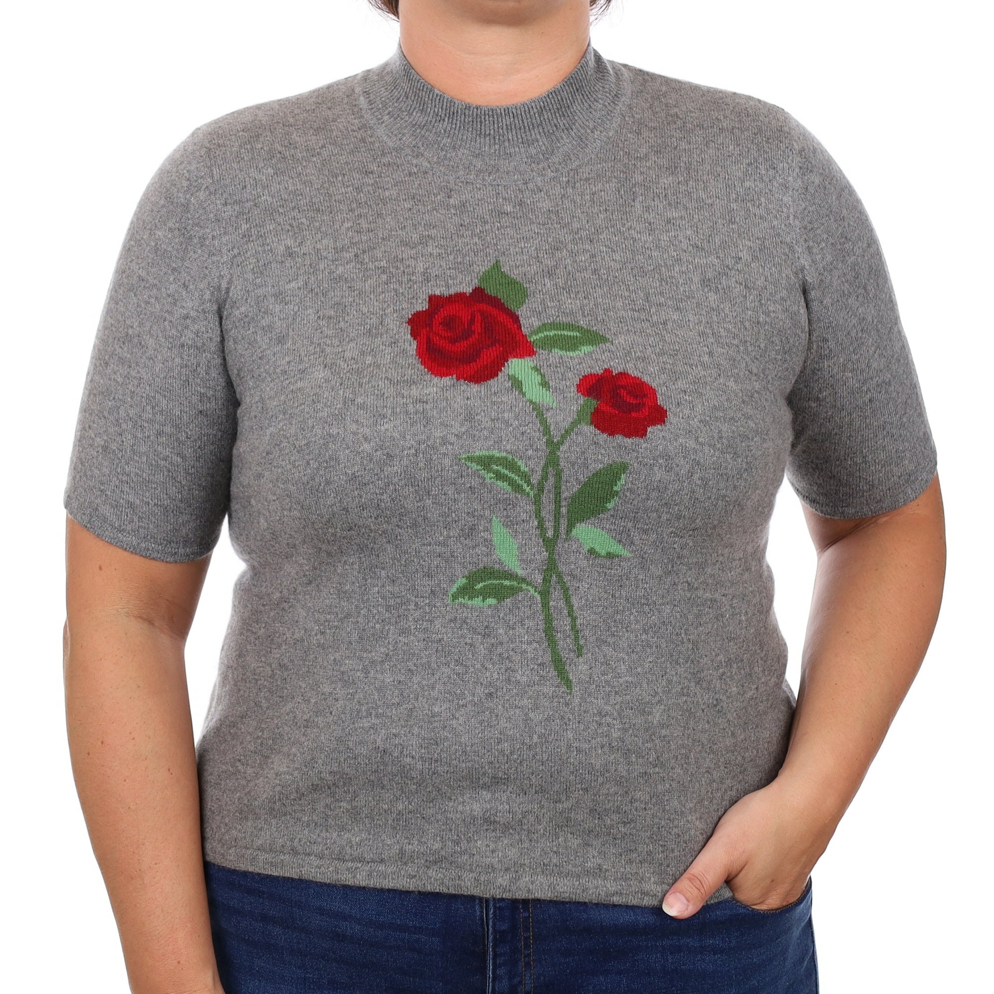 Grey Floral Short Sleeved Cashmere Turtleneck Jumper Large
