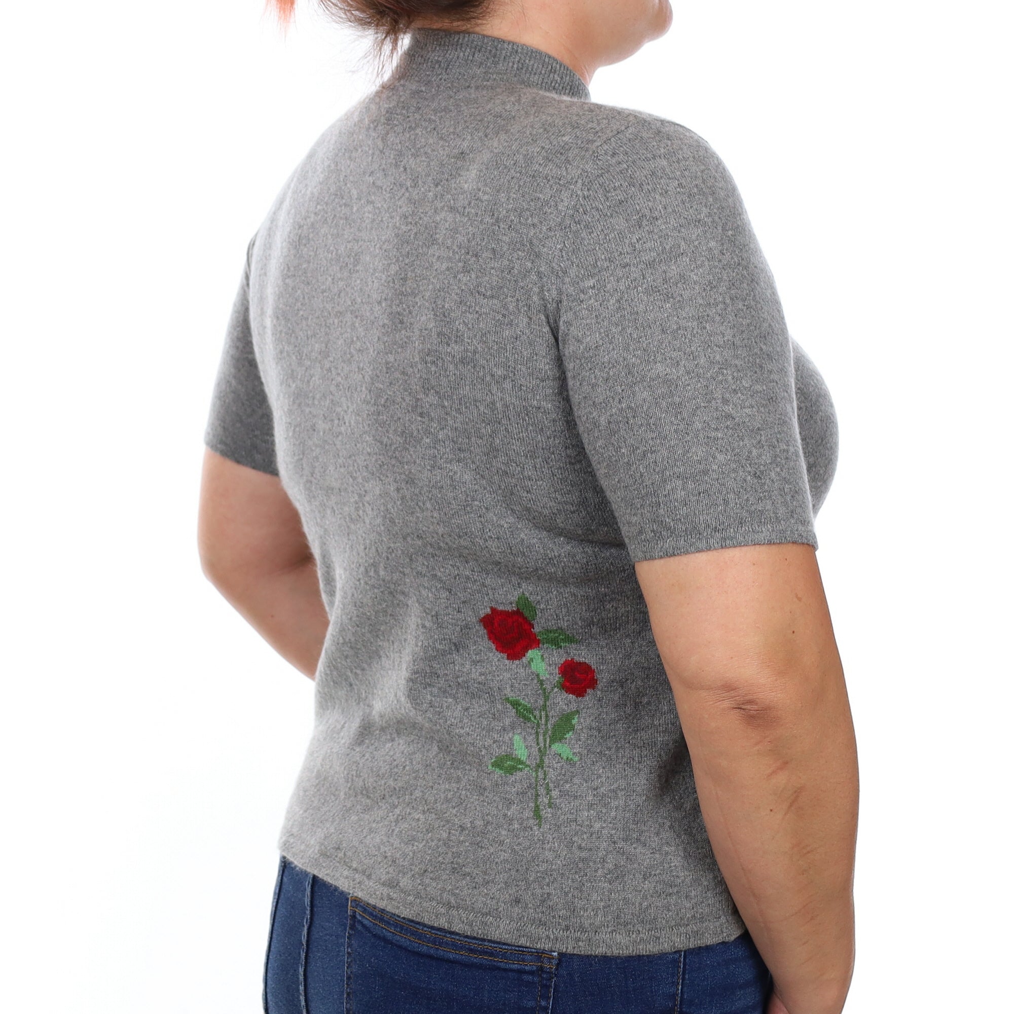 Grey Floral Short Sleeved Cashmere Turtleneck Jumper Large