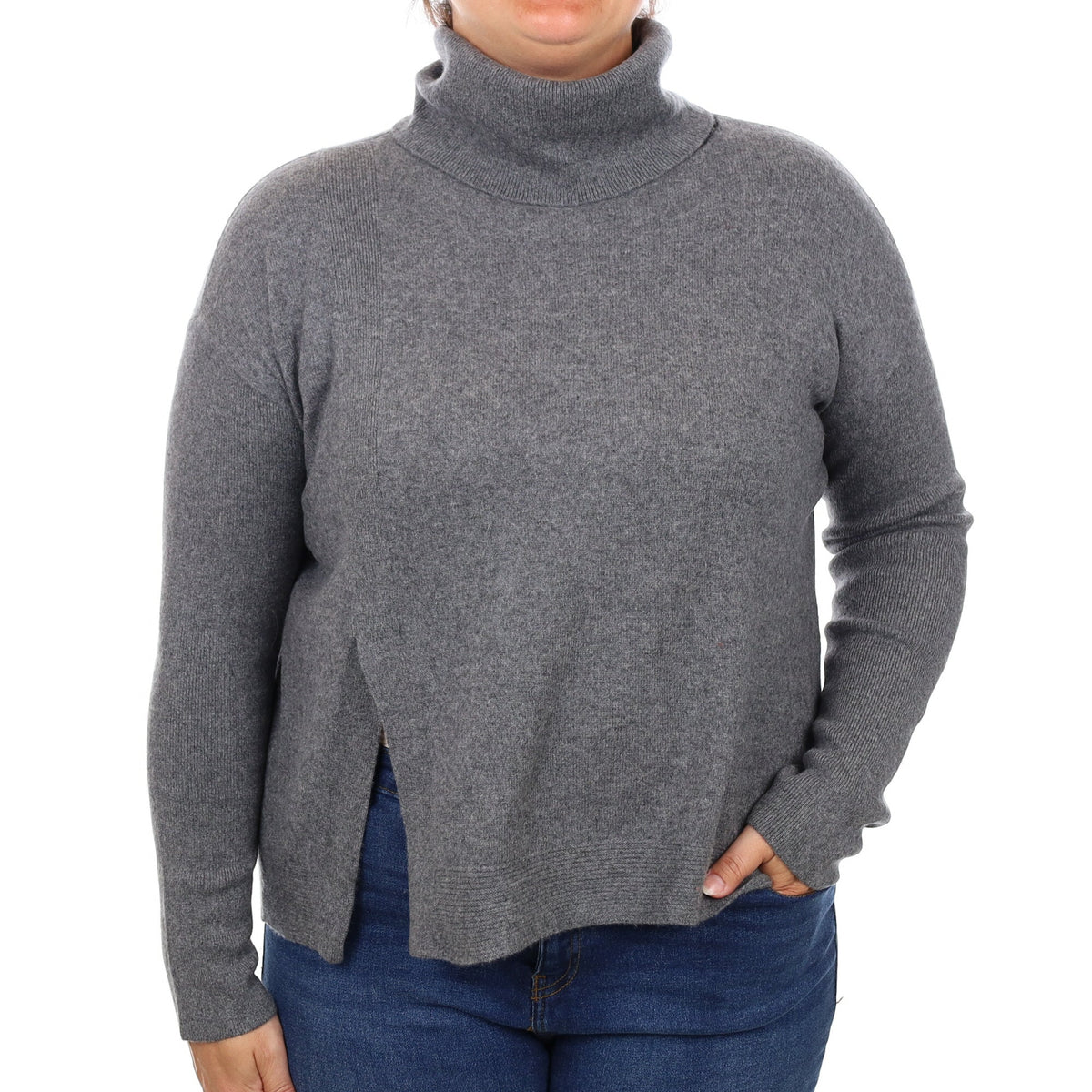 Ash Grey Split Hem Cashmere Polo Neck Jumper Large