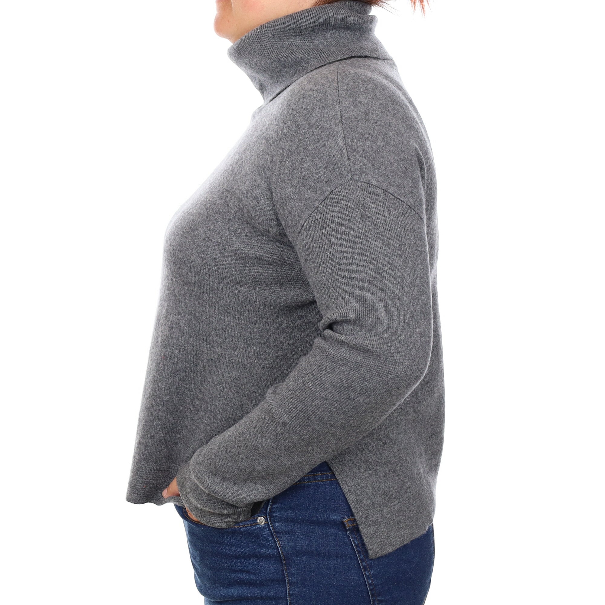 Ash Grey Split Hem Cashmere Polo Neck Jumper Large