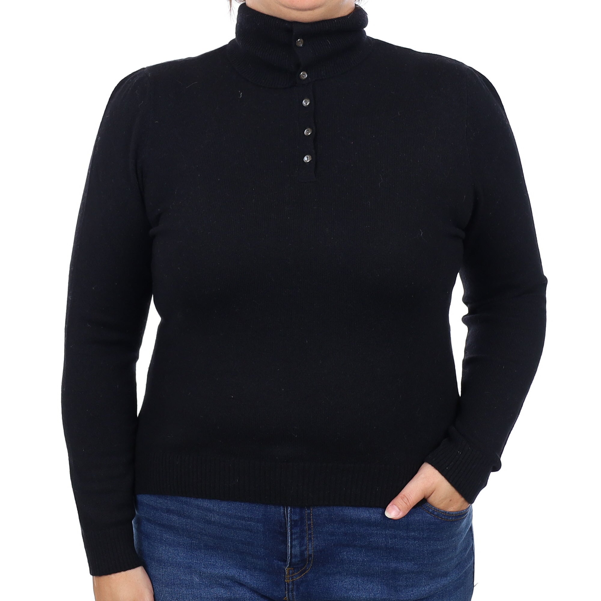 Black 1/4Button Cashmere Polo Neck Jumper Large