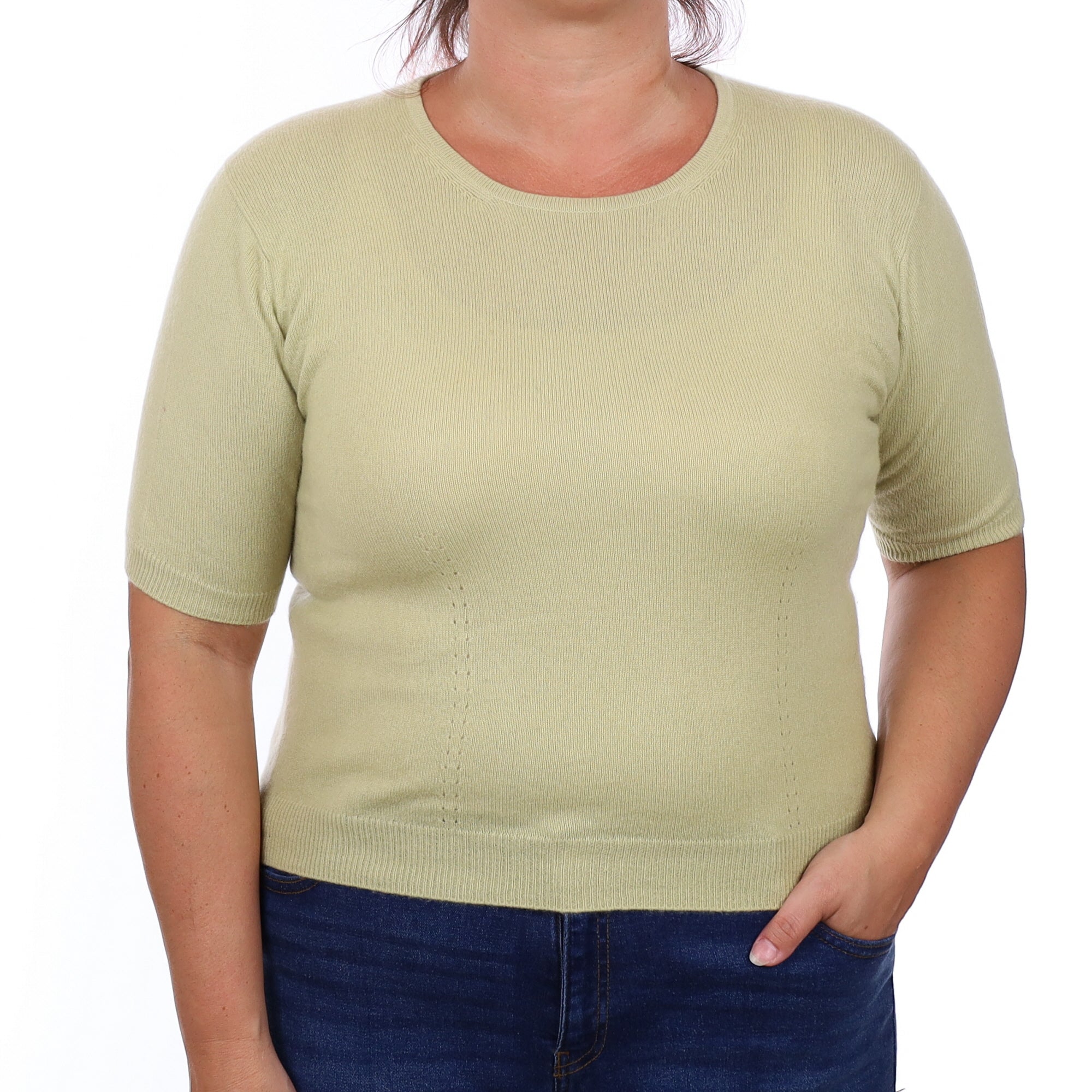 Pistachio Green Cashmere Crew Neck Short Sleeved Jumper Large