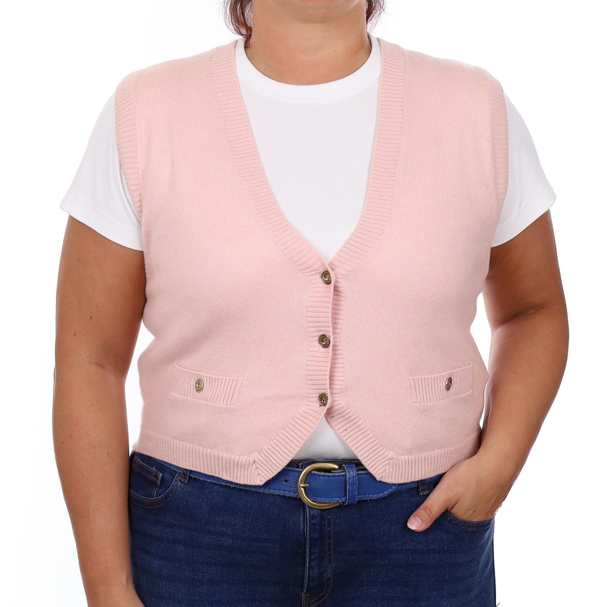 Shell Pink Cashmere V Neck Waistcoat Large