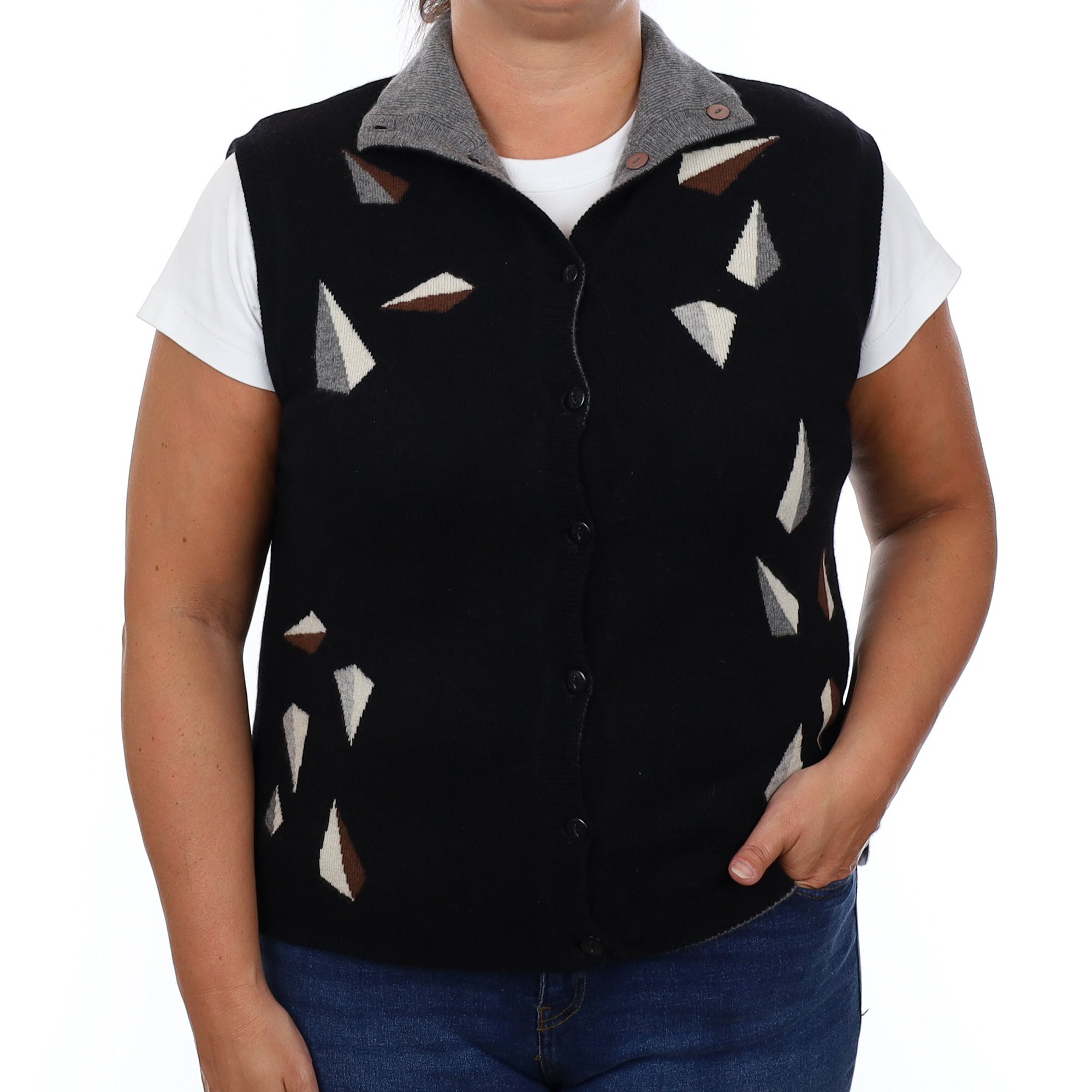 Black Patterned Reversible Cashmere Turtleneck Gilet Large