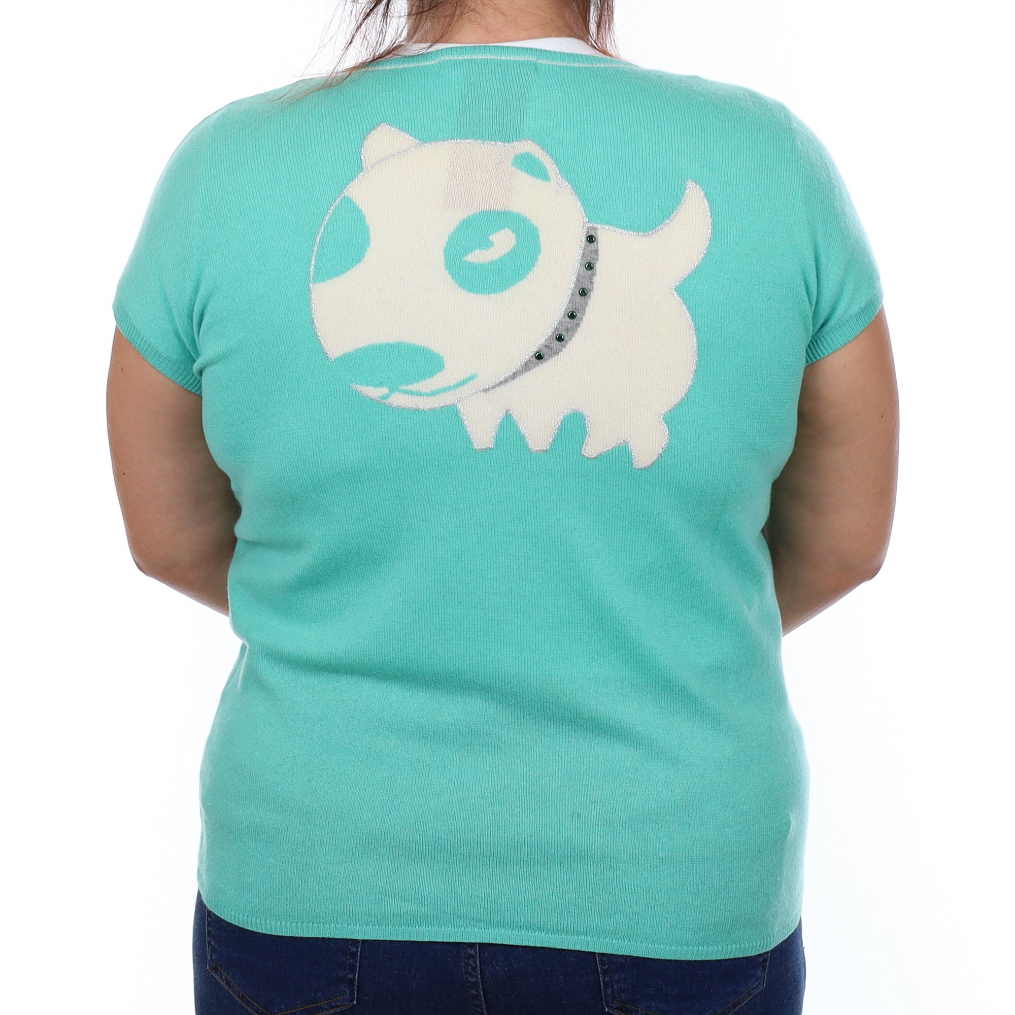 Green Dog Motif Cashmere Short Sleeve Scoop Jumper Large