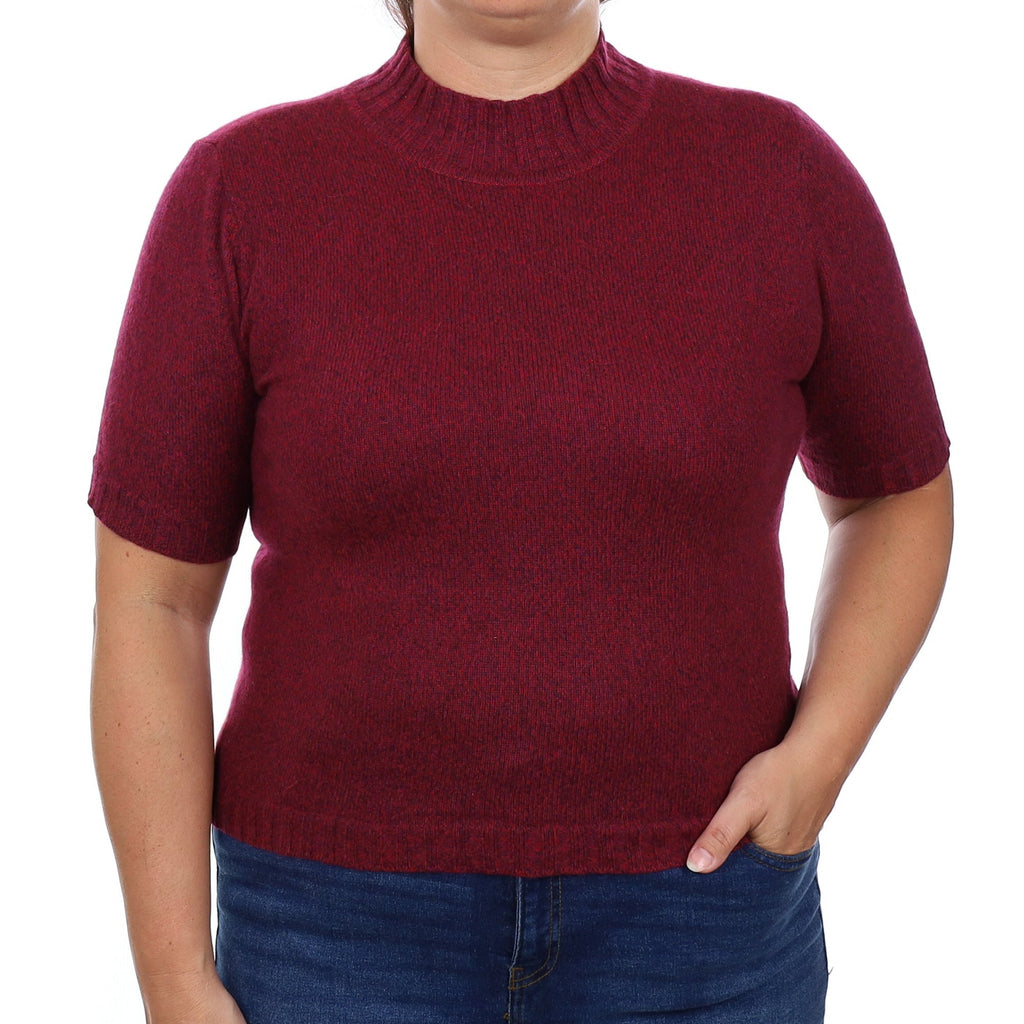 Plum Marl Cashmere Short Sleeve Turtleneck Jumper Large