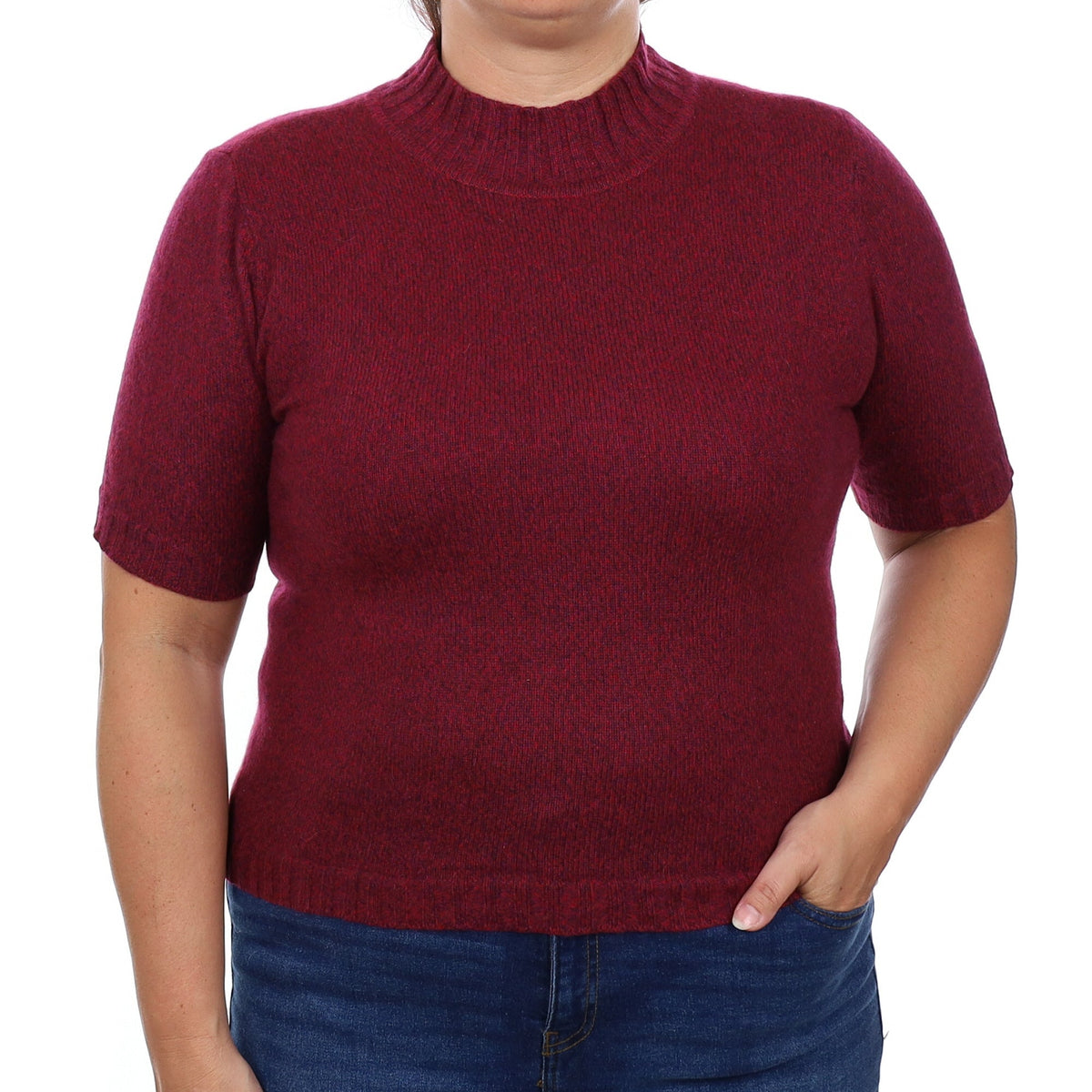 Plum Marl Cashmere Short Sleeve Turtleneck Jumper Large
