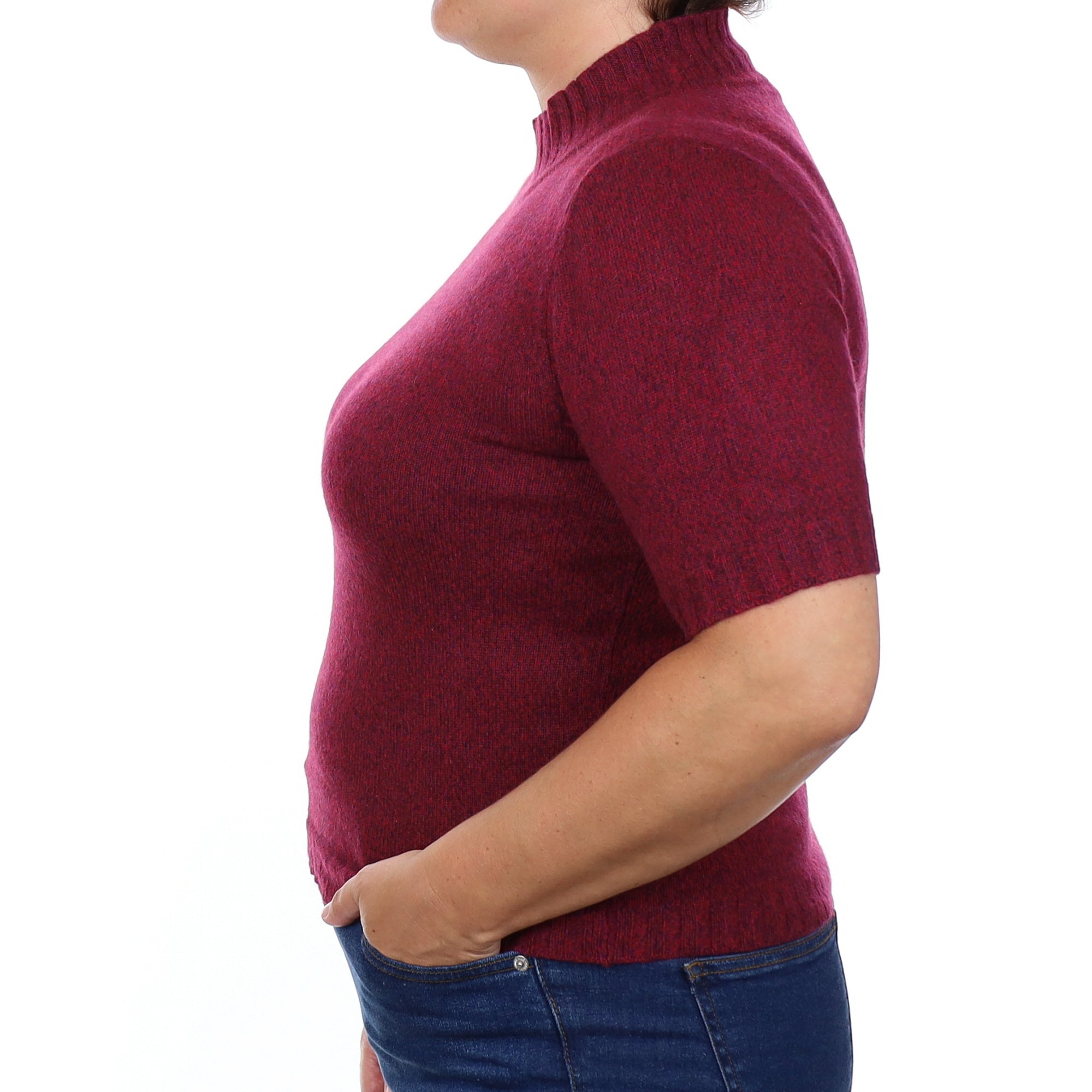 Plum Marl Cashmere Short Sleeve Turtleneck Jumper Large