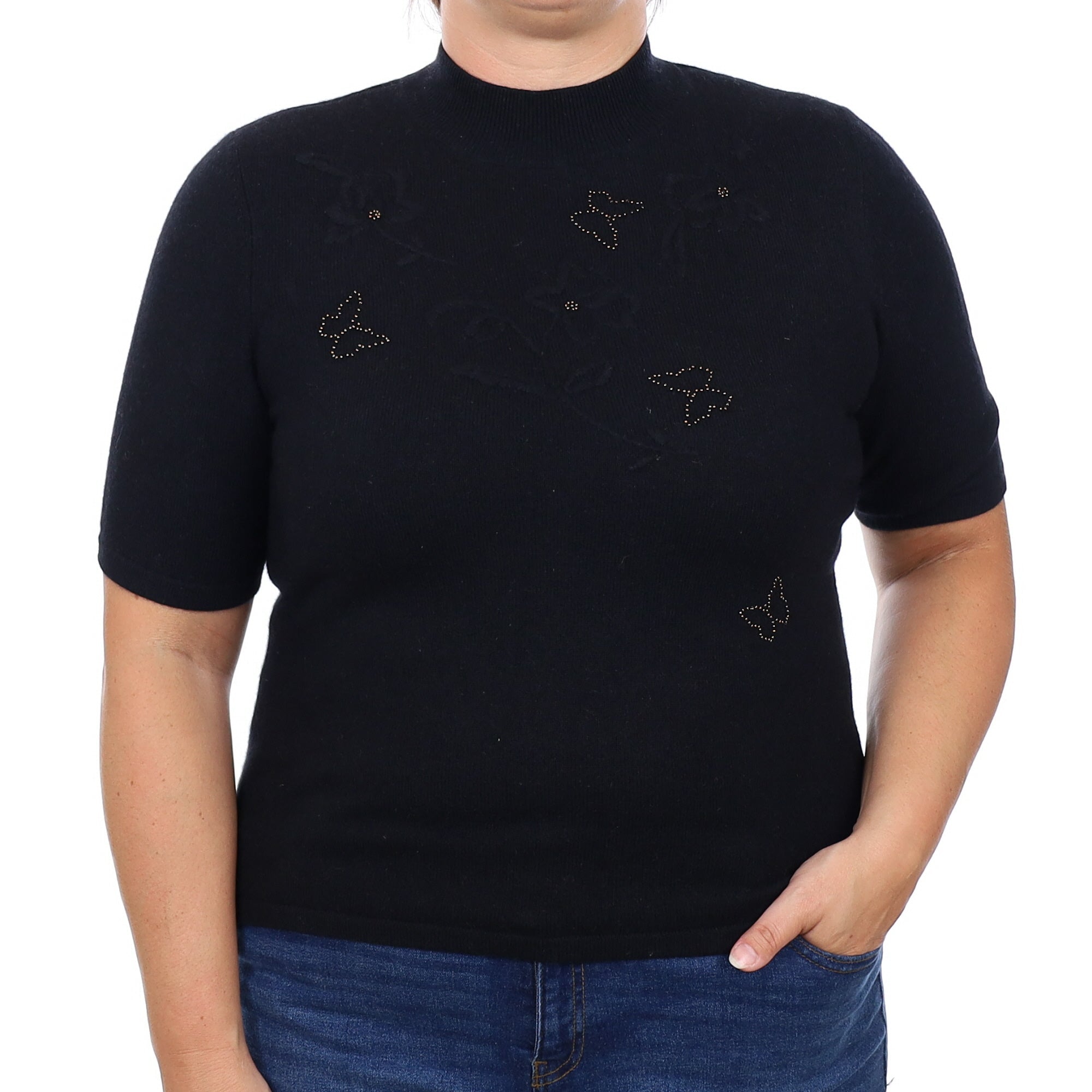 Black Embellished Cashmere Short Sleeve Turtleneck Jumper Large