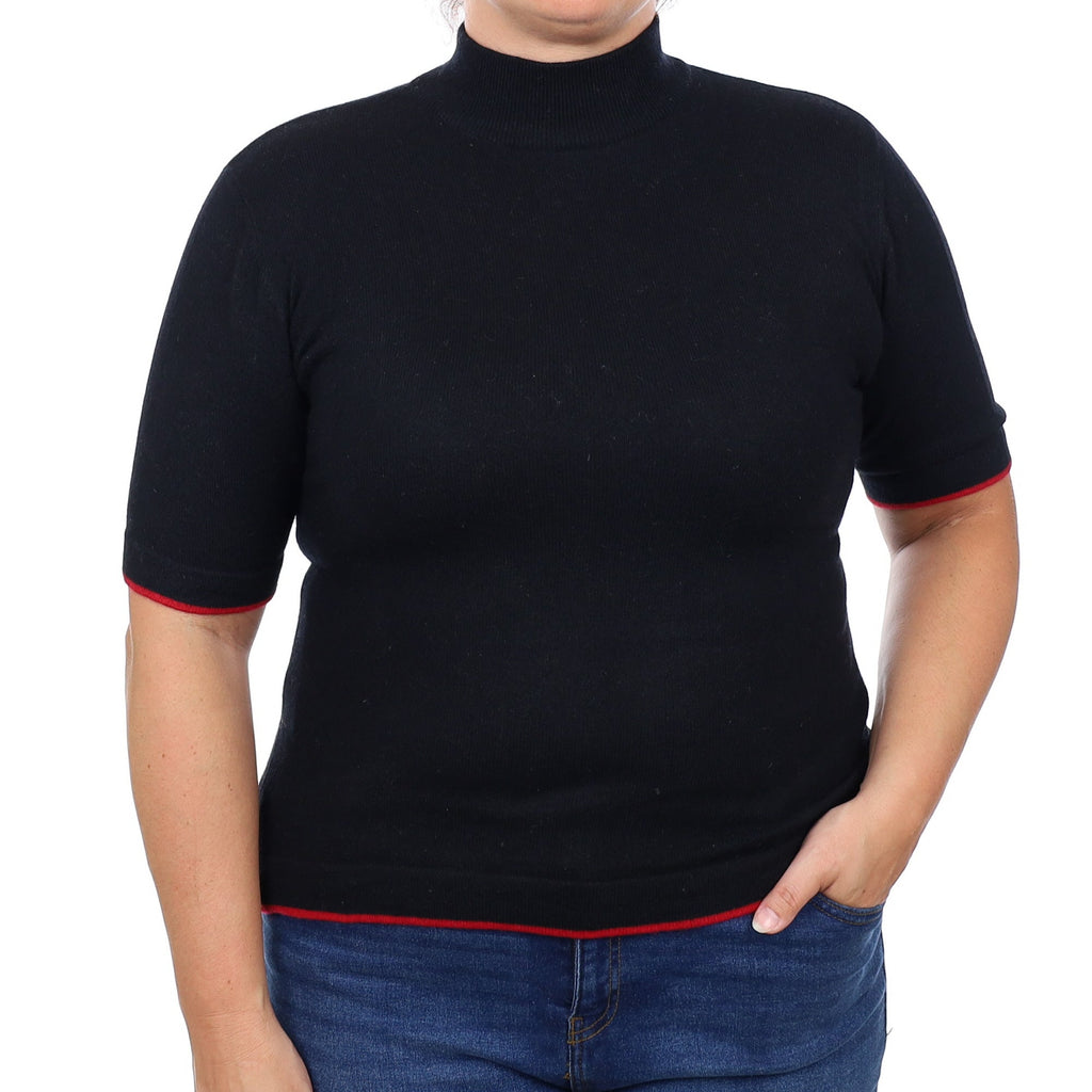 Black Crimson Trim Cashmere Short Sleeve Turtleneck Jumper Large