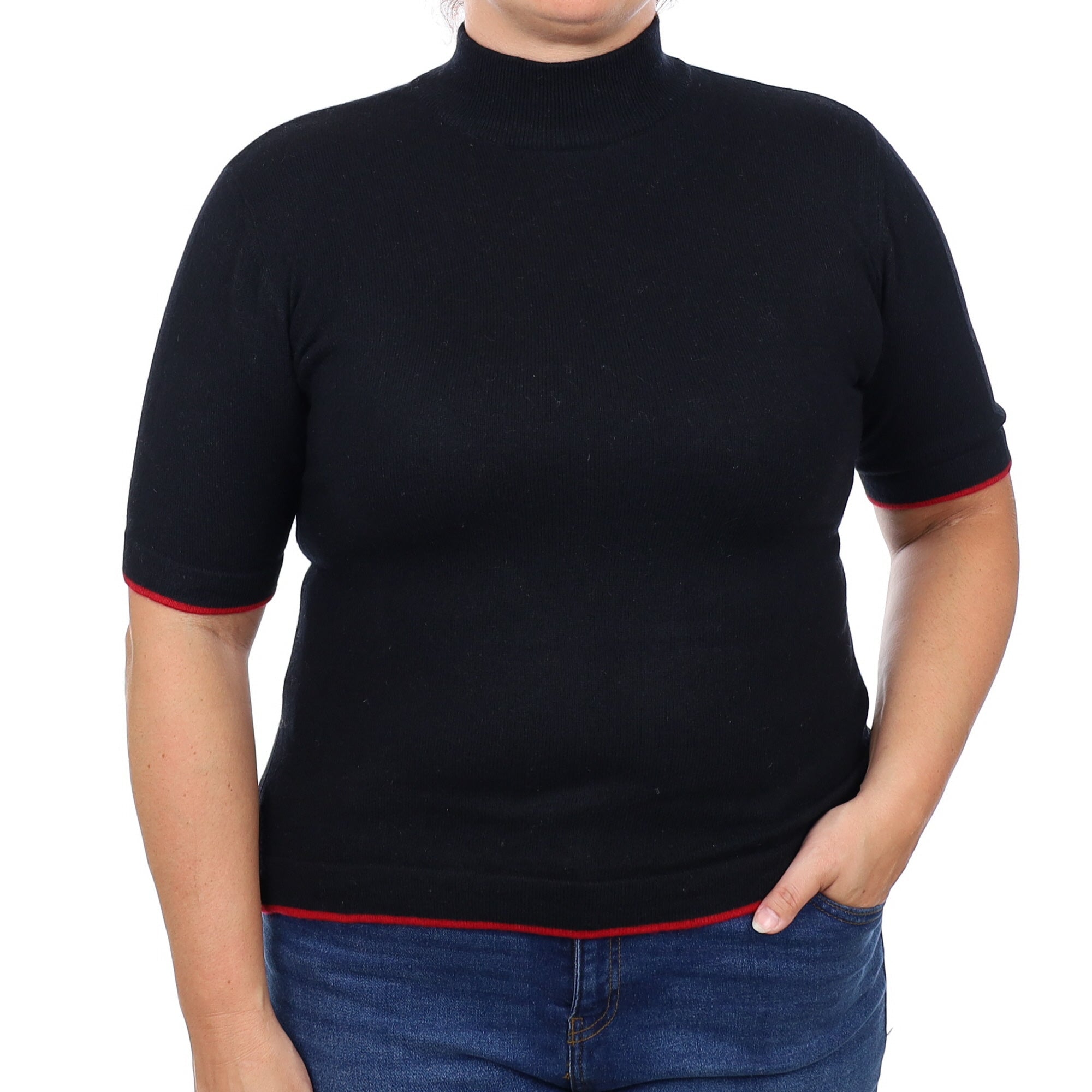 Black Crimson Trim Cashmere Short Sleeve Turtleneck Jumper Large