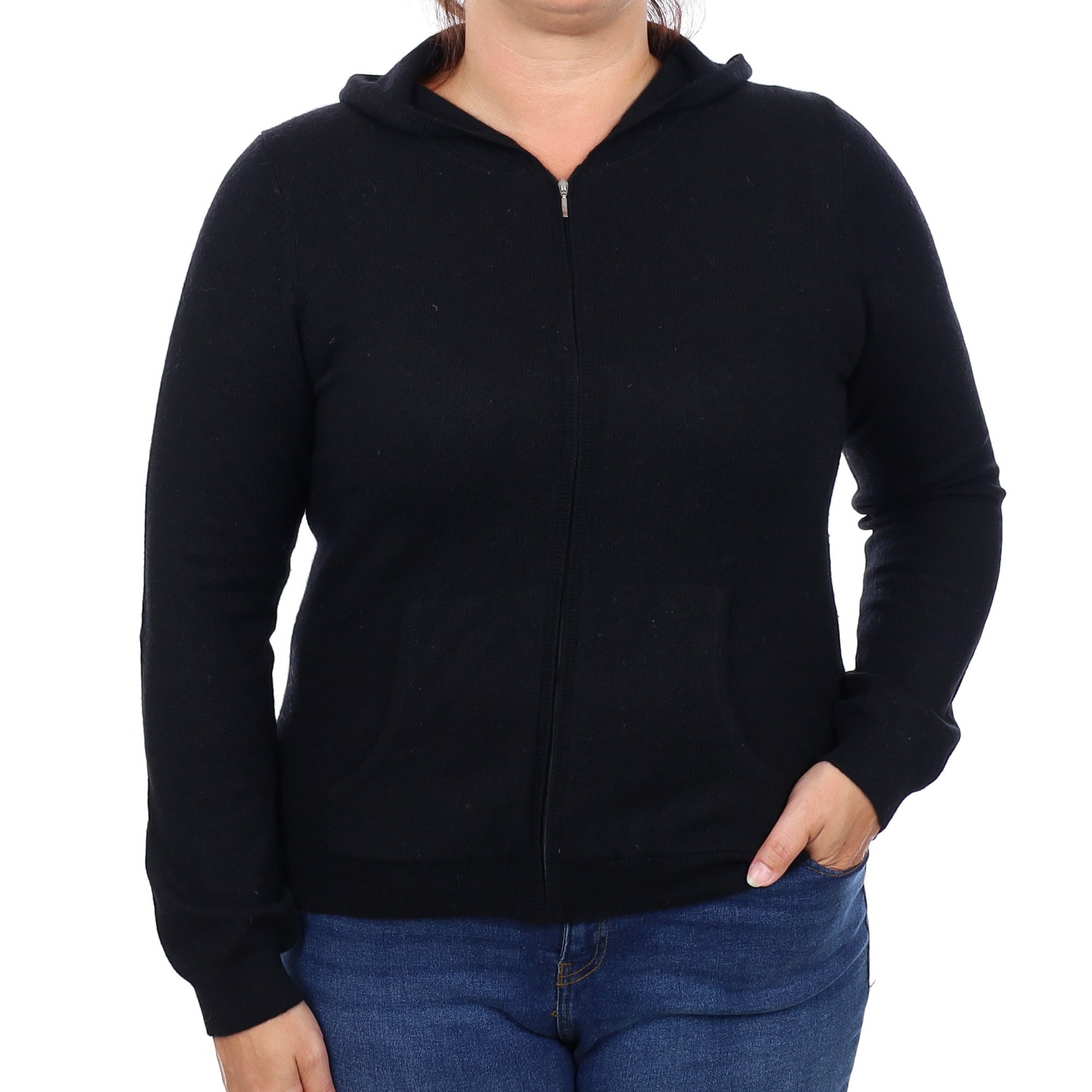 Black Cashmere Zip Up Hoodie Jumper with Pockets Large