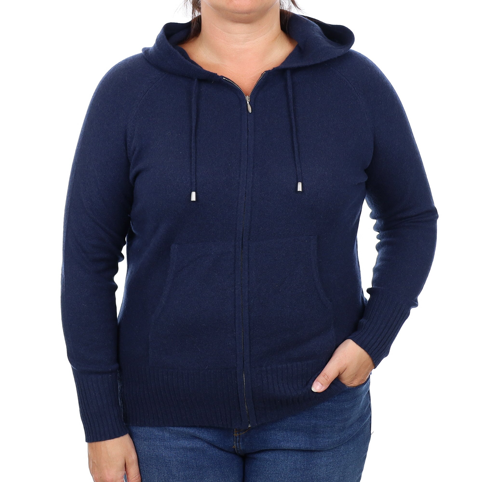Navy Cashmere Zip Up Hoodie Jumper with Pockets Large