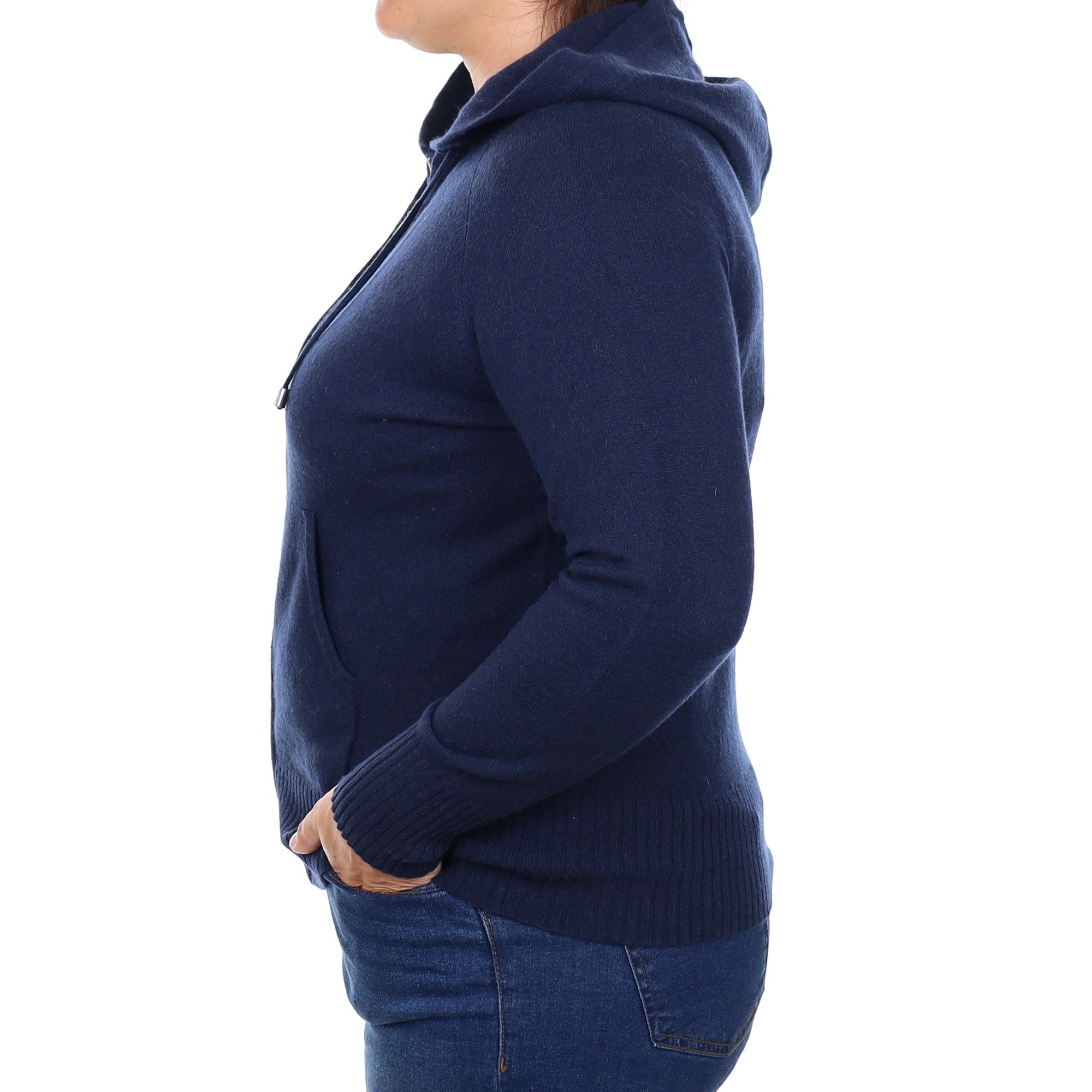 Navy Cashmere Zip Up Hoodie Jumper with Pockets Large
