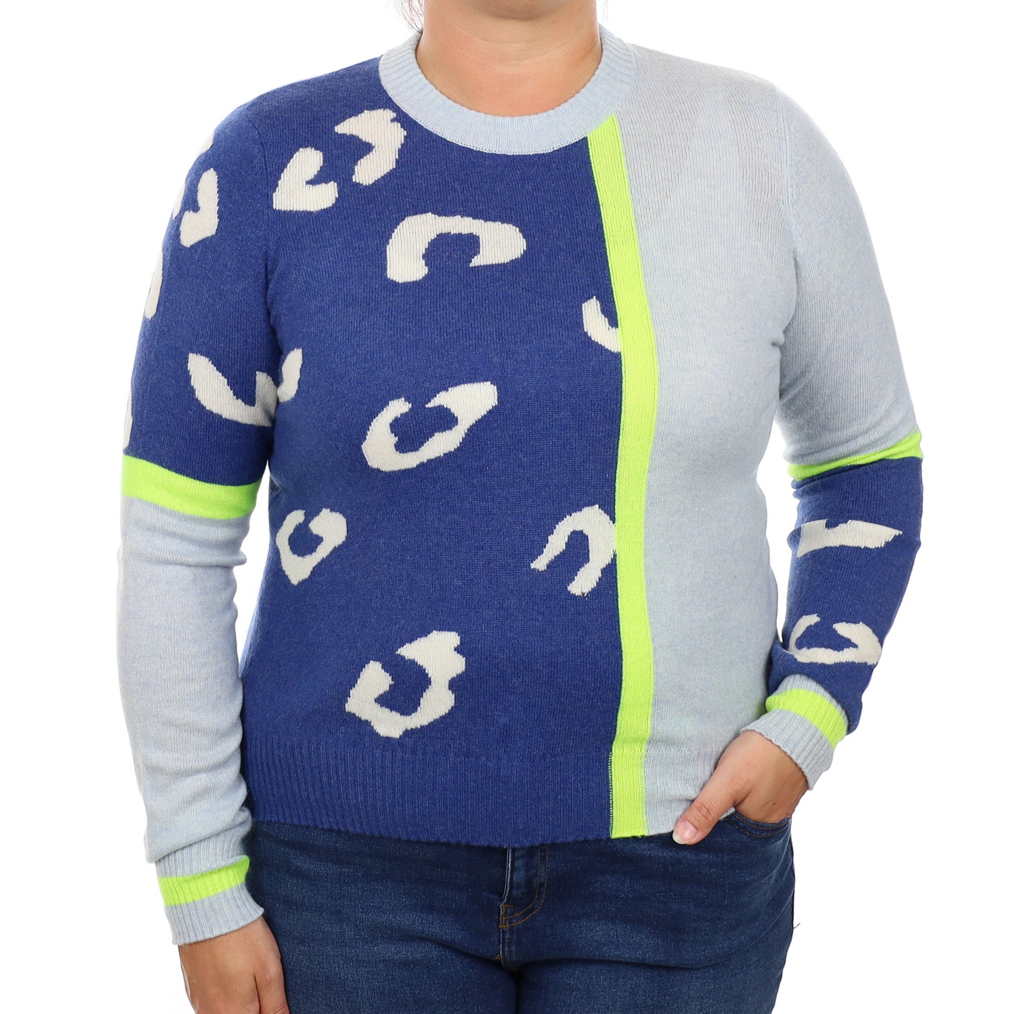 Brodie Blue and Neon Patterned Cashmere Crew Neck Jumper Large