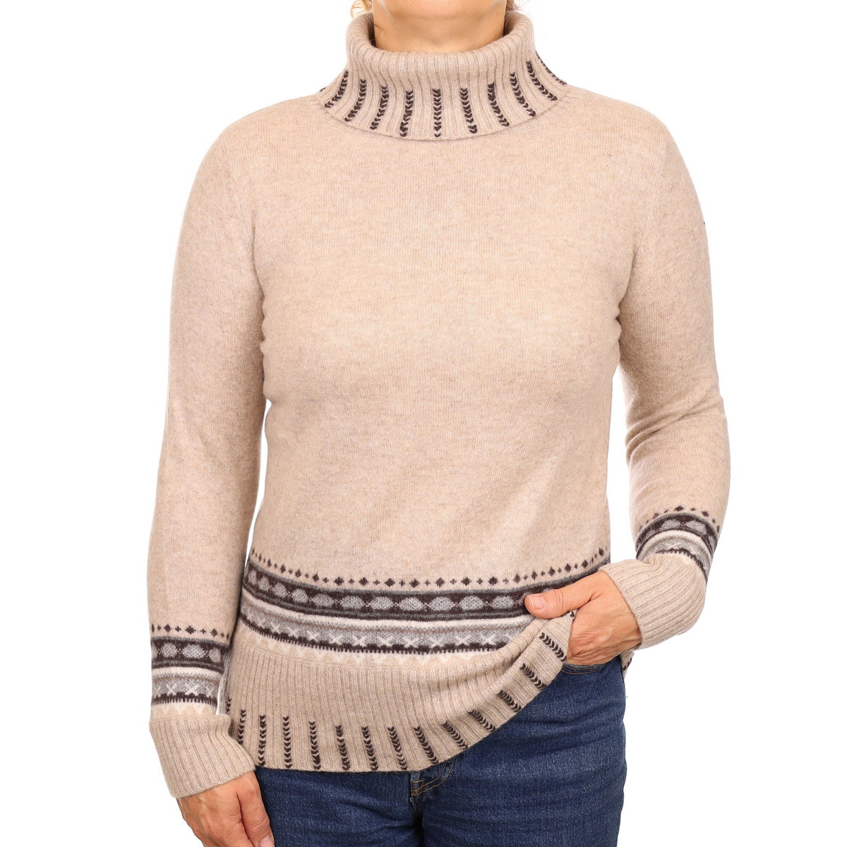 Fawn Fair isle Cashmere Polo Neck Jumper Medium