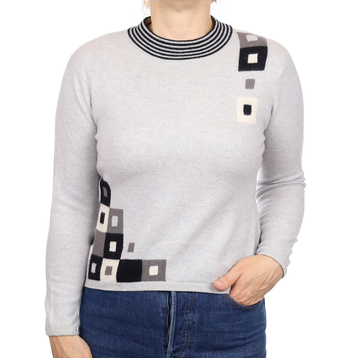 Dove Grey and Black Patterned Cashmere Turtle Neck Jumper Medium
