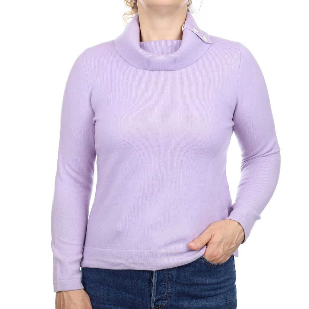 Lavender Purple Cashmere Button Polo Neck Jumper Medium