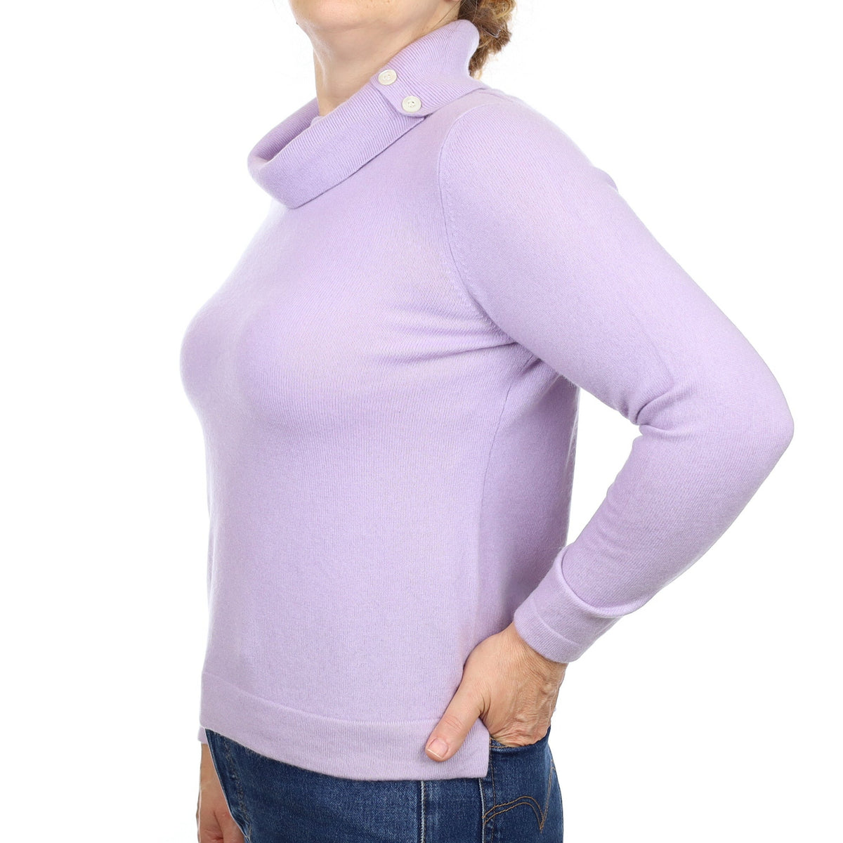Lavender Purple Cashmere Button Polo Neck Jumper Medium