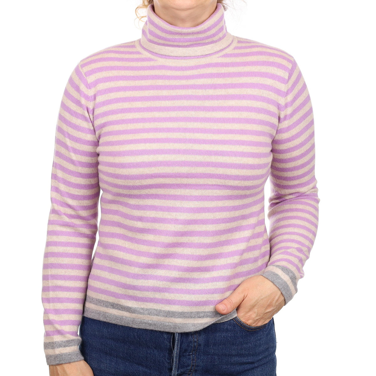 Lavender stripe Cashmere Turtleneck Jumper Medium