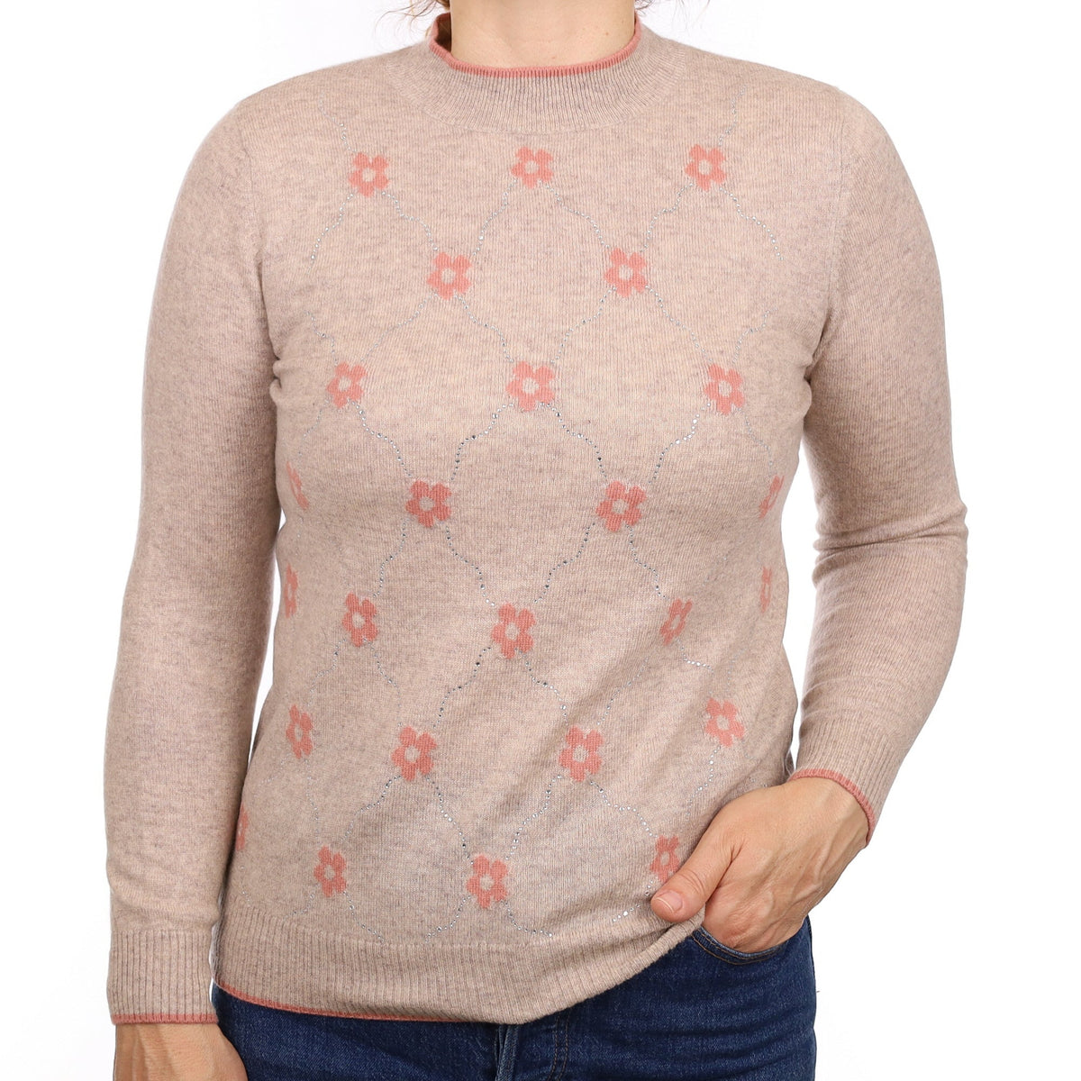 Fawn Floral Diamanté Cashmere Turtle Neck Jumper Medium