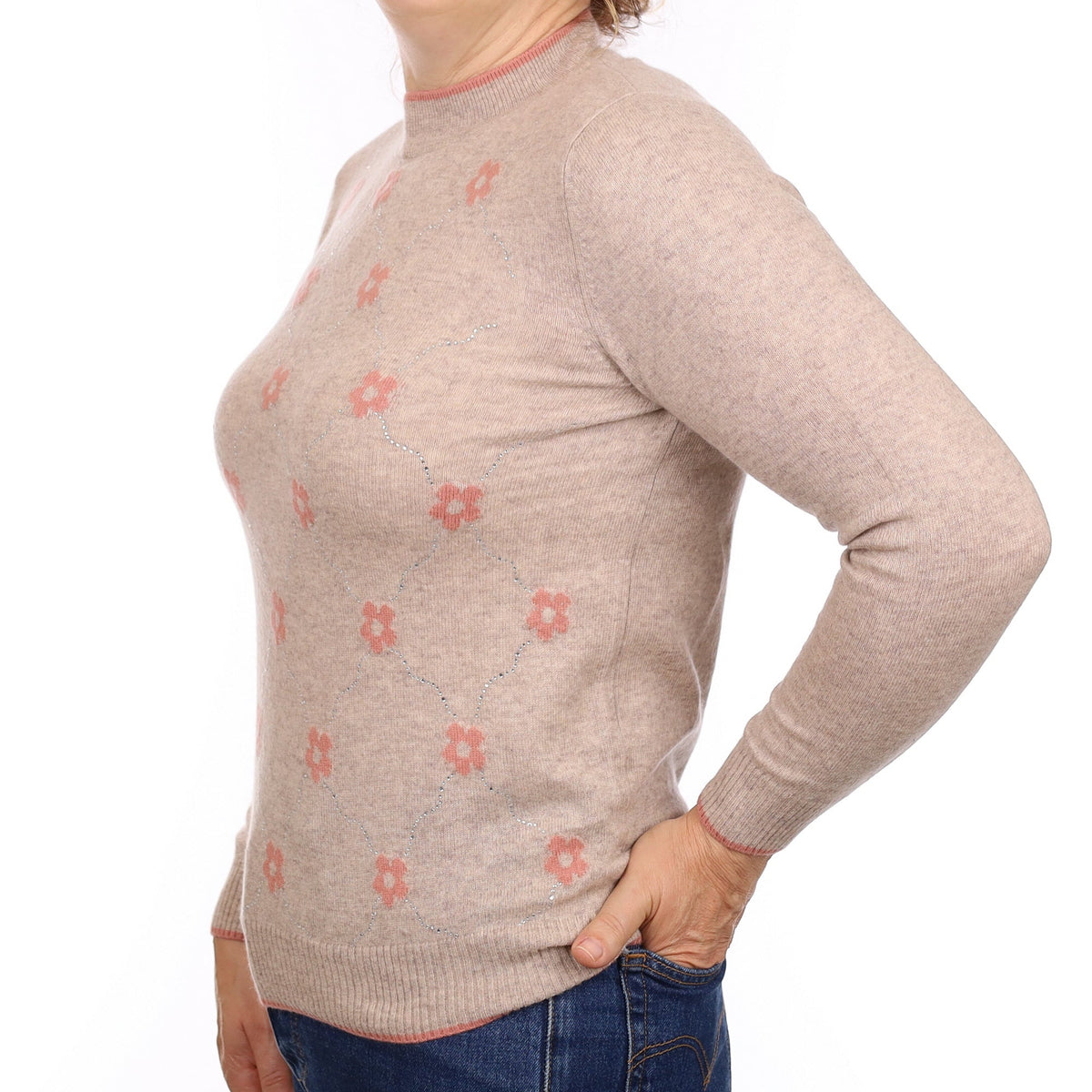 Fawn Floral Diamanté Cashmere Turtle Neck Jumper Medium