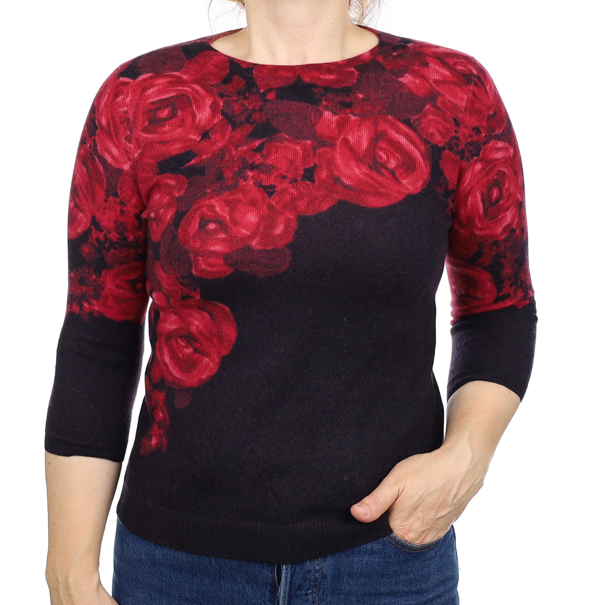 Black and Crimson Floral Cashmere Crew Neck Jumper Medium