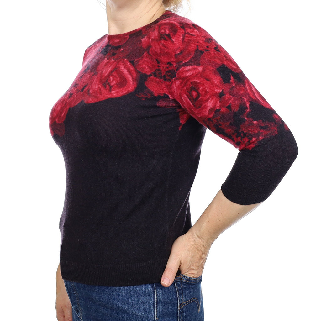 Black and Crimson Floral Cashmere Crew Neck Jumper Medium
