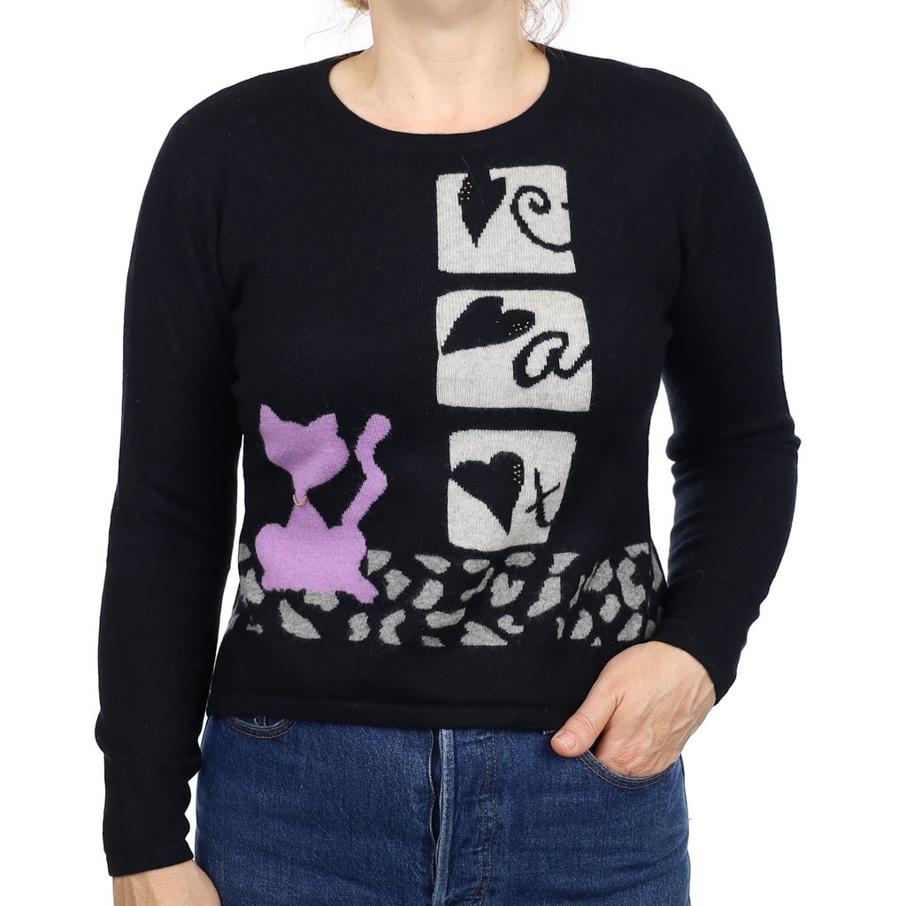 Black Cat Motif Cashmere Crew Neck Jumper Medium