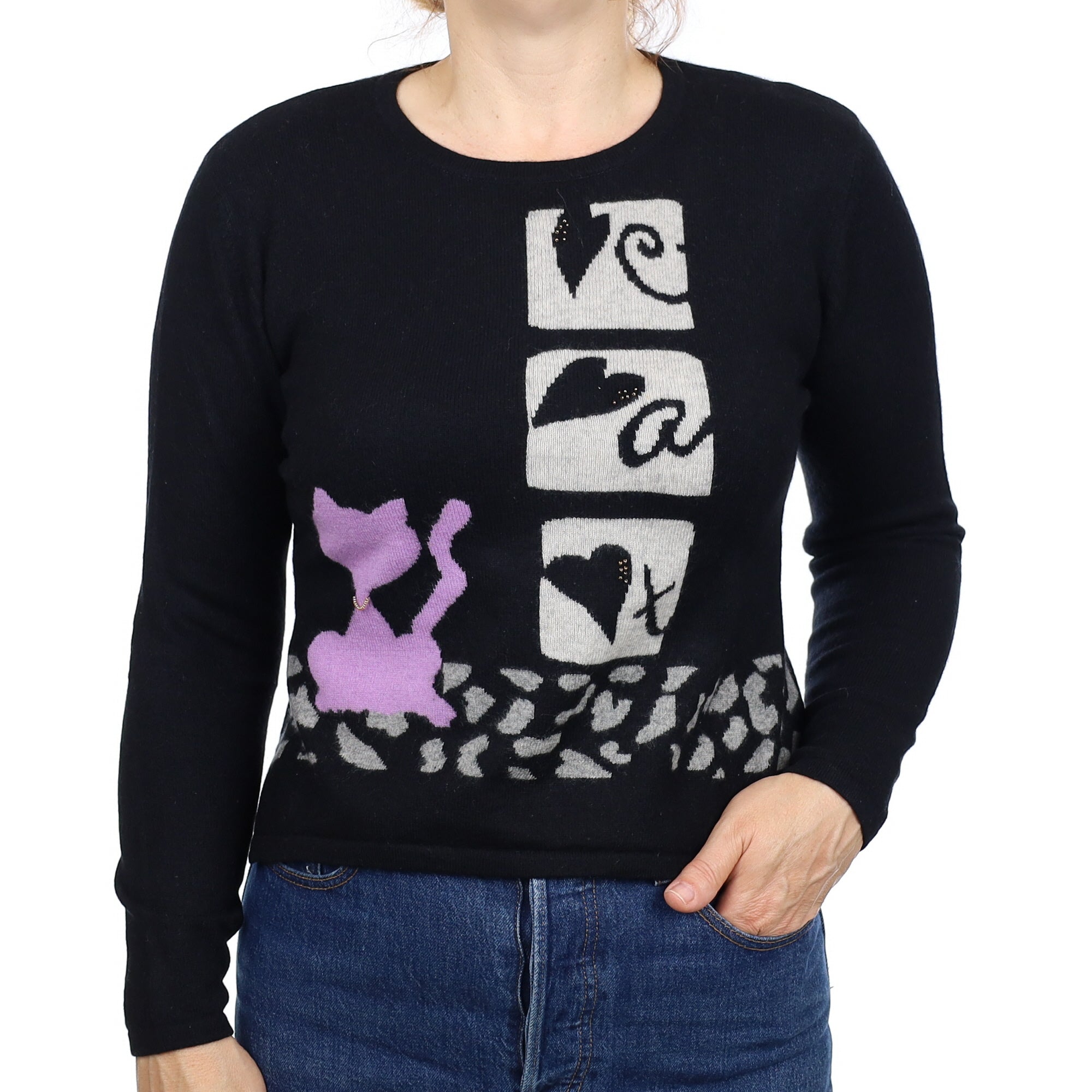 Black Cat Motif Cashmere Crew Neck Jumper Medium