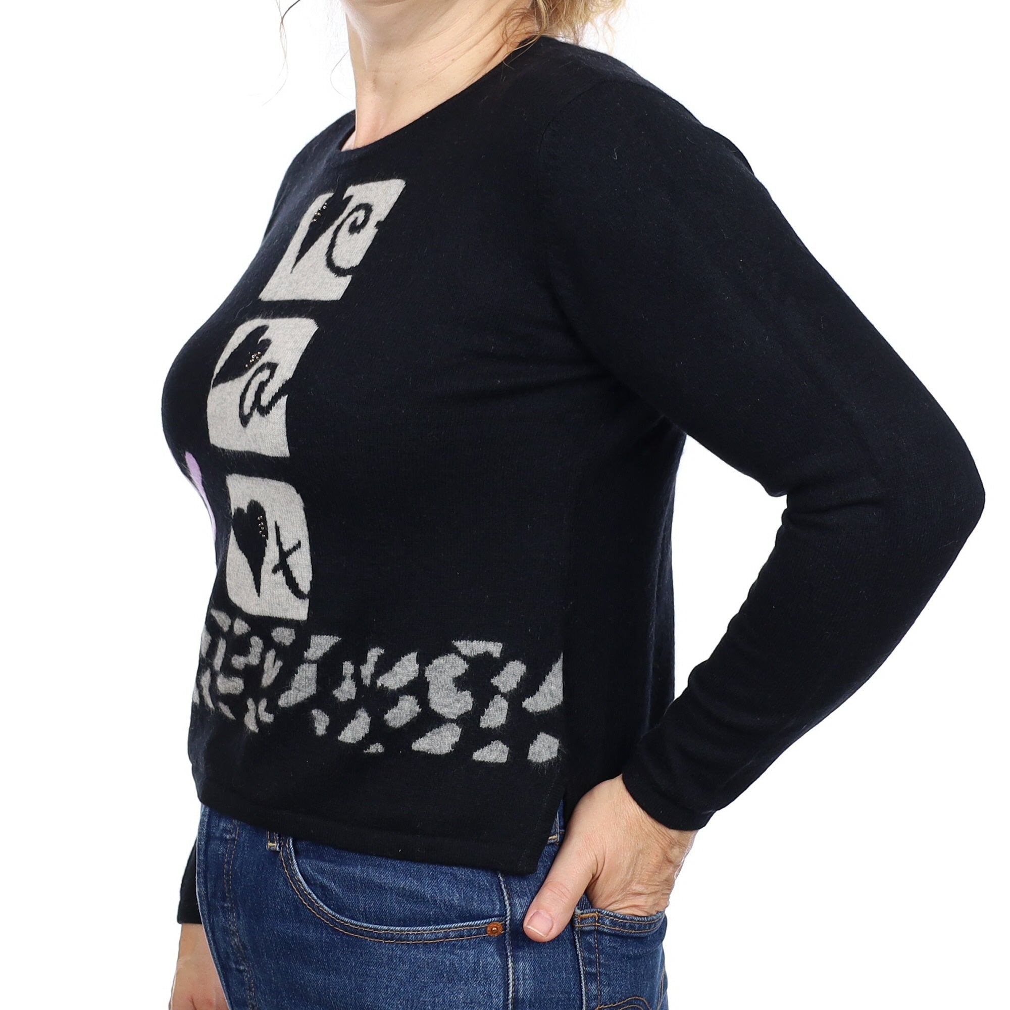 Black Cat Motif Cashmere Crew Neck Jumper Medium