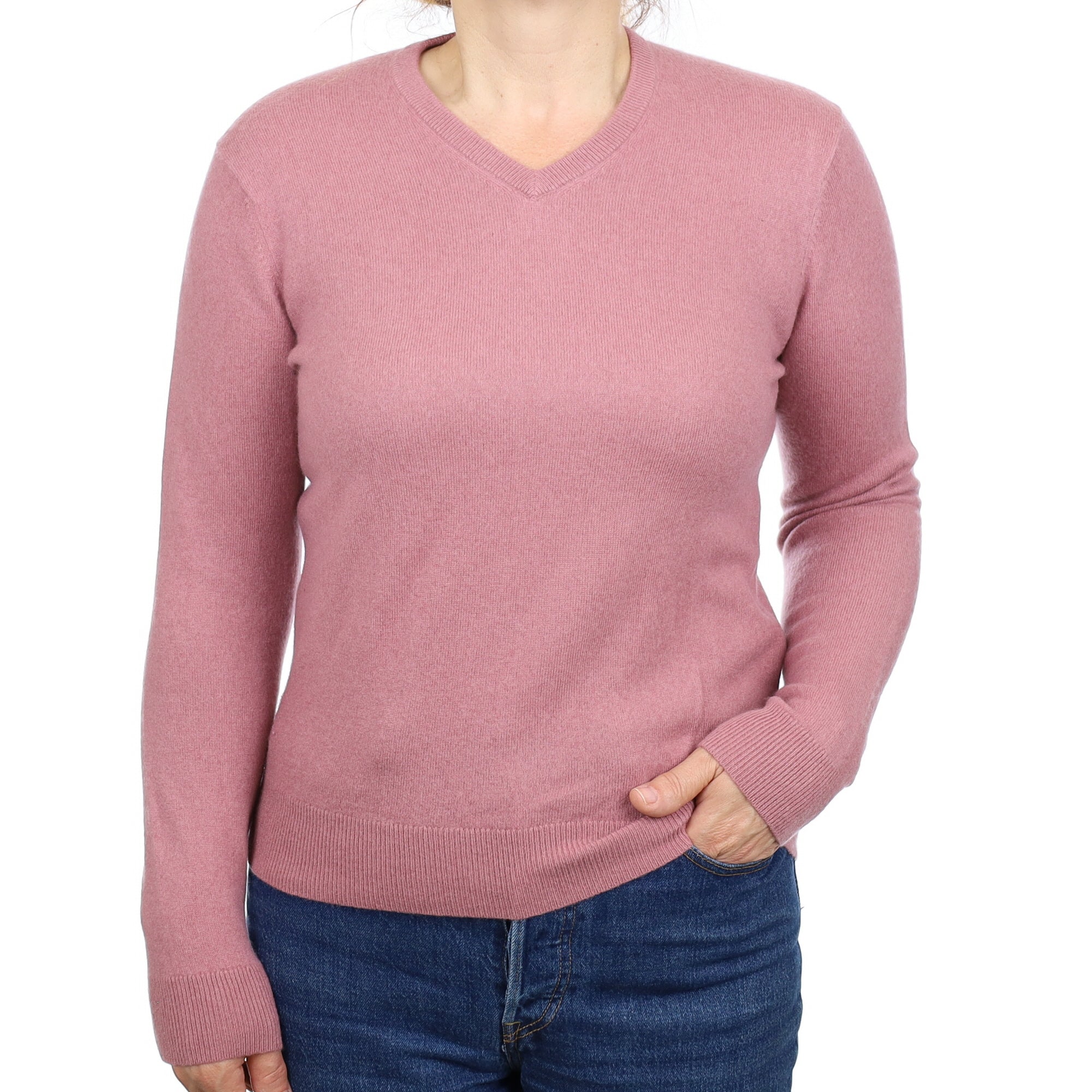 Heather Pink Cashmere V Neck Jumper Medium