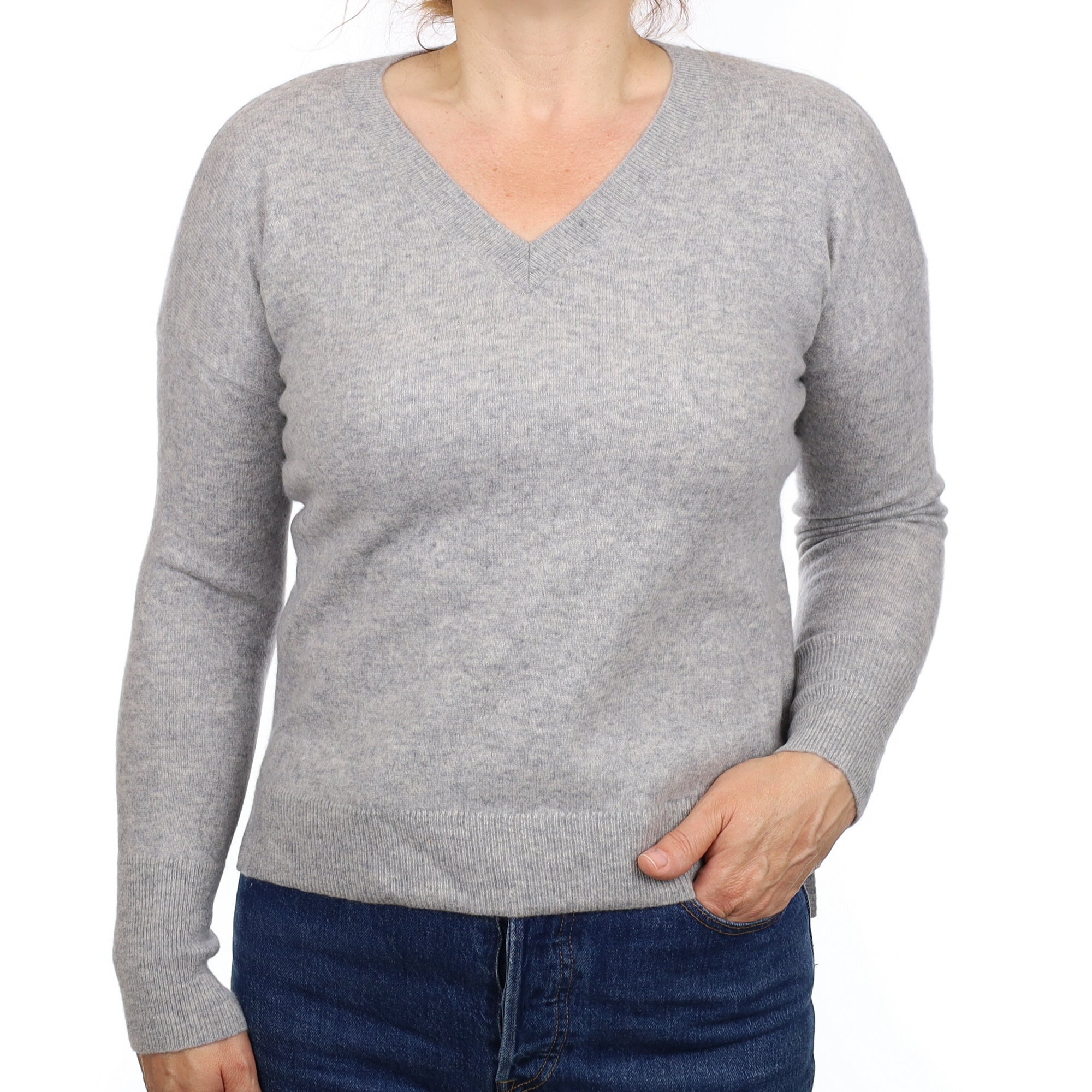 Smoke Grey Cashmere V Neck Jumper Medium