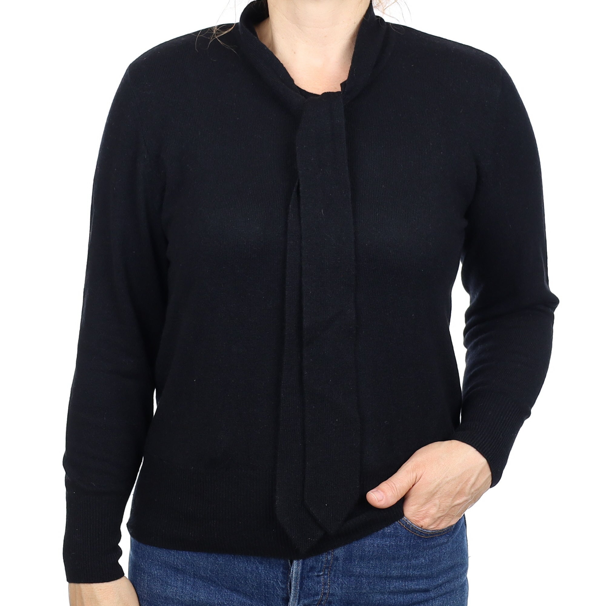 Black Cashmere Tie Neck Jumper Medium