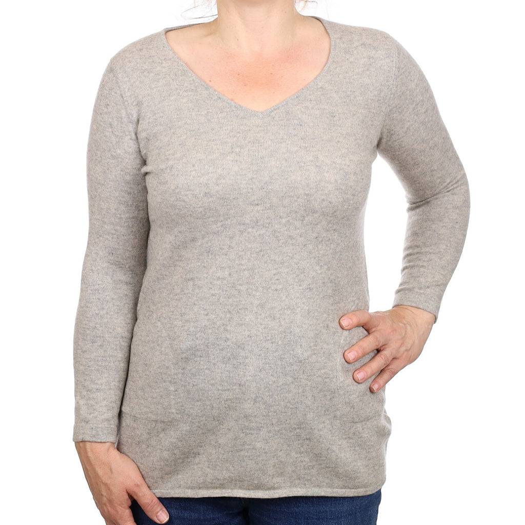 Smoke Grey Cashmere V Neck Jumper with Pockets Medium